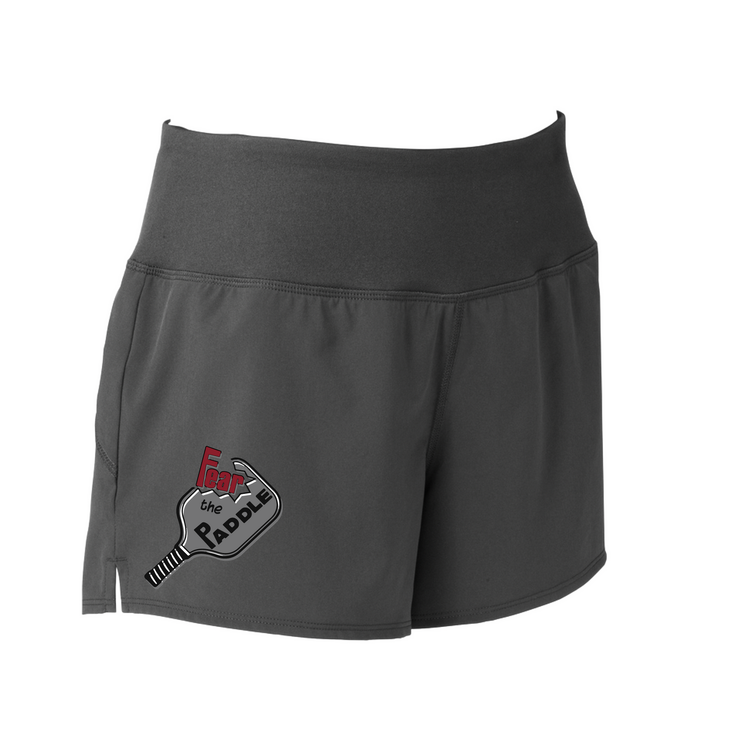 Shorts Pickleball Design: Fear the Paddle  Sport Tek women’s repeat shorts come with built-in cell phone pocket on the exterior of the waistband. You can also feel secure knowing that no matter how strenuous the exercise, the shorts will remain in place (it won’t ride up!). These shorts are extremely versatile and trendy. Transition from the Pickleball court to running errands smoothly.