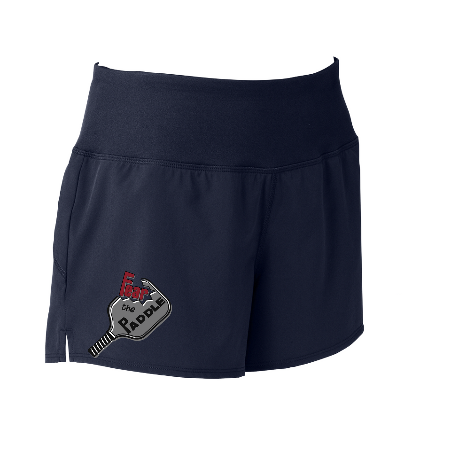 Shorts Pickleball Design: Fear the Paddle  Sport Tek women’s repeat shorts come with built-in cell phone pocket on the exterior of the waistband. You can also feel secure knowing that no matter how strenuous the exercise, the shorts will remain in place (it won’t ride up!). These shorts are extremely versatile and trendy. Transition from the Pickleball court to running errands smoothly.