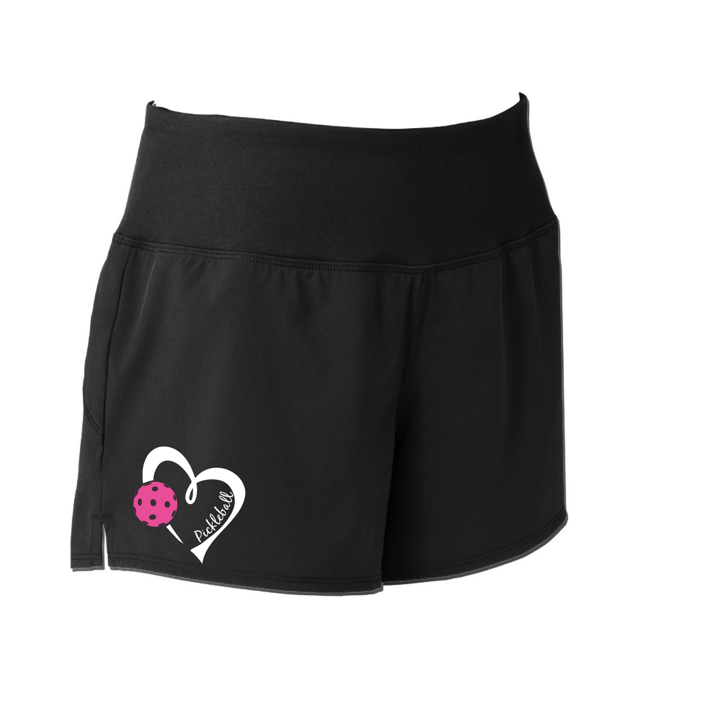 Pickleball Shorts Design: Pickleball Heart  Sport Tek women’s repeat shorts come with built-in cell phone pocket on the exterior of the waistband. You can also feel secure knowing that no matter how strenuous the exercise, the shorts will remain in place (it won’t ride up!). These shorts are extremely versatile and trendy. Transition from the Pickleball court to running errands smoothly.