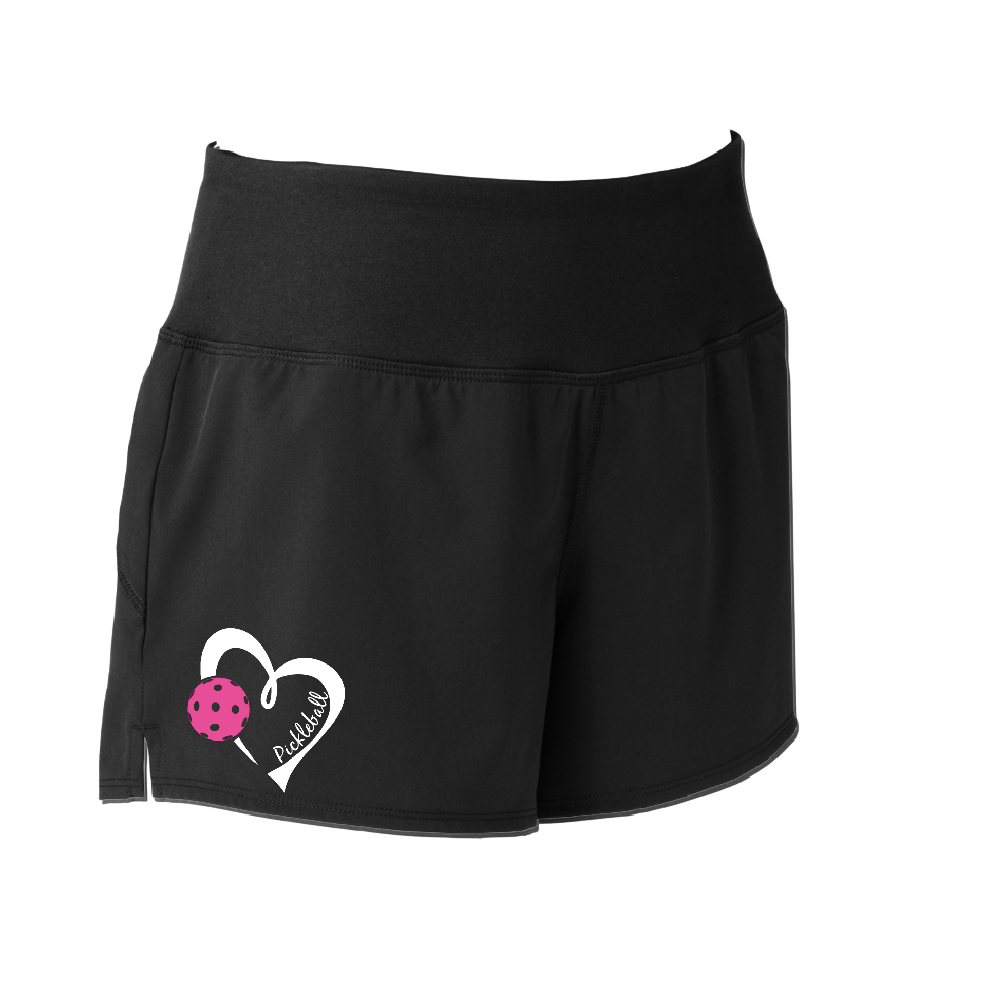 Pickleball Shorts Design: Pickleball Heart  Sport Tek women’s repeat shorts come with built-in cell phone pocket on the exterior of the waistband. You can also feel secure knowing that no matter how strenuous the exercise, the shorts will remain in place (it won’t ride up!). These shorts are extremely versatile and trendy. Transition from the Pickleball court to running errands smoothly.