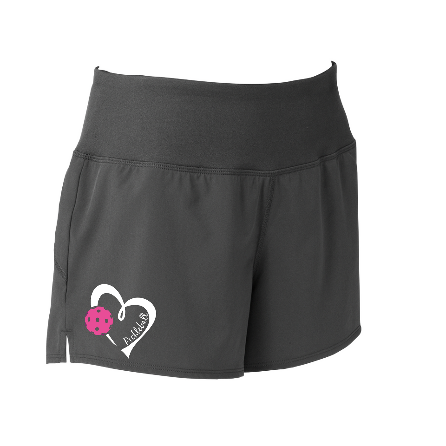 Pickleball Shorts Design: Pickleball Heart  Sport Tek women’s repeat shorts come with built-in cell phone pocket on the exterior of the waistband. You can also feel secure knowing that no matter how strenuous the exercise, the shorts will remain in place (it won’t ride up!). These shorts are extremely versatile and trendy. Transition from the Pickleball court to running errands smoothly.