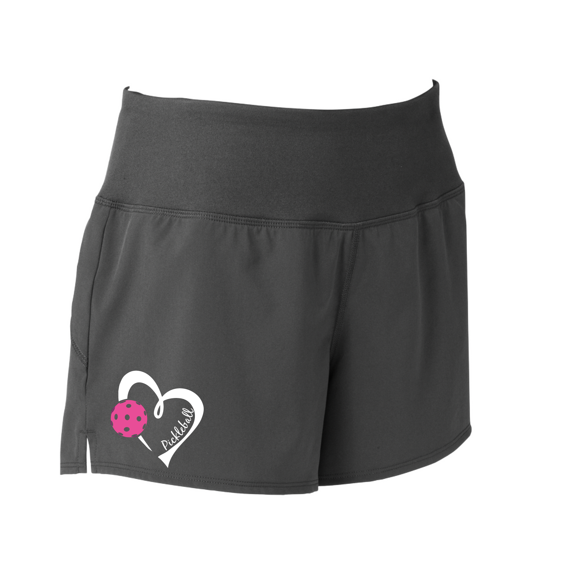 Pickleball Shorts Design: Pickleball Heart  Sport Tek women’s repeat shorts come with built-in cell phone pocket on the exterior of the waistband. You can also feel secure knowing that no matter how strenuous the exercise, the shorts will remain in place (it won’t ride up!). These shorts are extremely versatile and trendy. Transition from the Pickleball court to running errands smoothly.