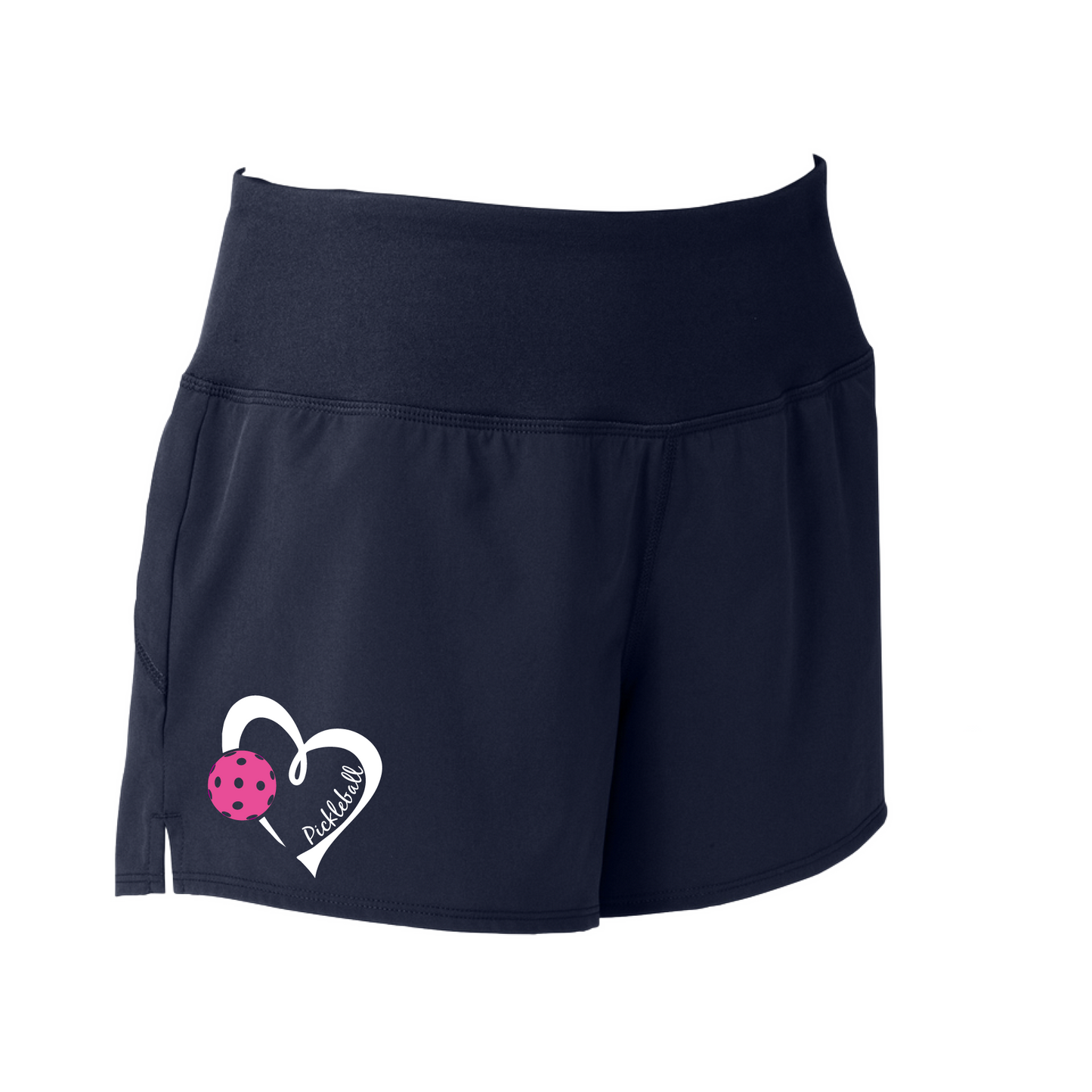 Pickleball Shorts Design: Pickleball Heart  Sport Tek women’s repeat shorts come with built-in cell phone pocket on the exterior of the waistband. You can also feel secure knowing that no matter how strenuous the exercise, the shorts will remain in place (it won’t ride up!). These shorts are extremely versatile and trendy. Transition from the Pickleball court to running errands smoothly.