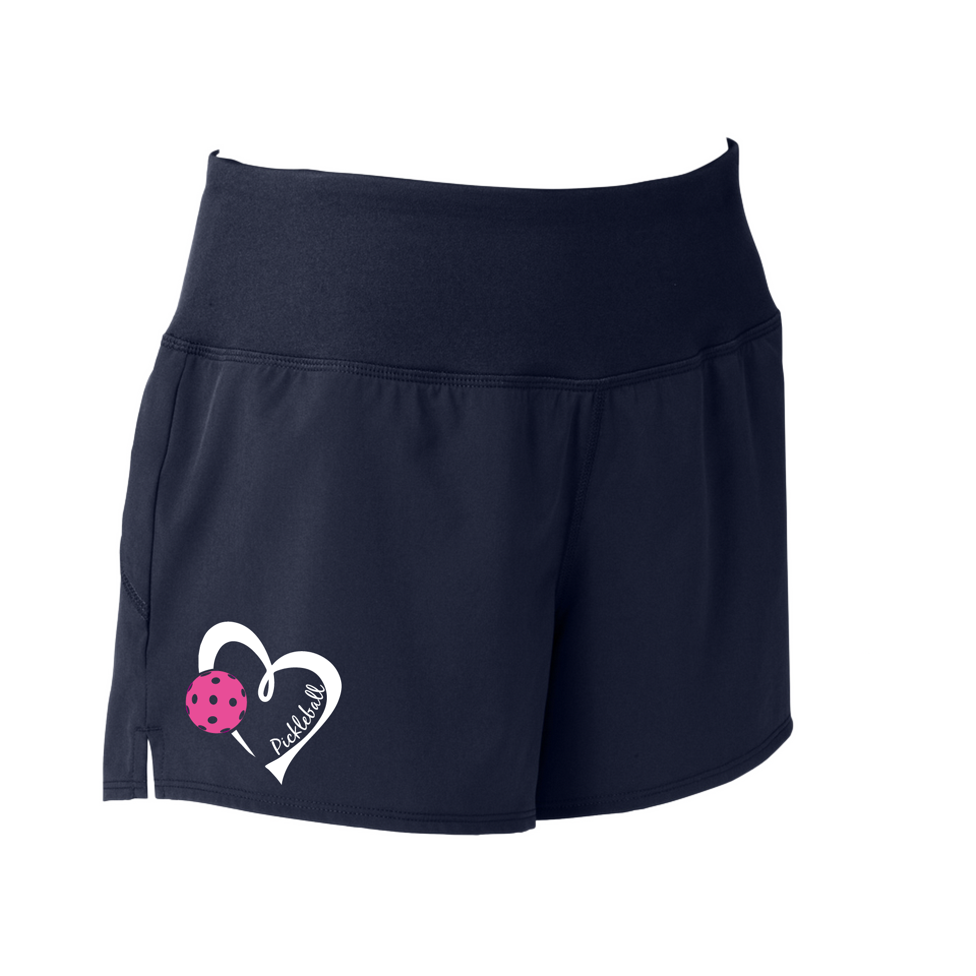 Pickleball Shorts Design: Pickleball Heart  Sport Tek women’s repeat shorts come with built-in cell phone pocket on the exterior of the waistband. You can also feel secure knowing that no matter how strenuous the exercise, the shorts will remain in place (it won’t ride up!). These shorts are extremely versatile and trendy. Transition from the Pickleball court to running errands smoothly.