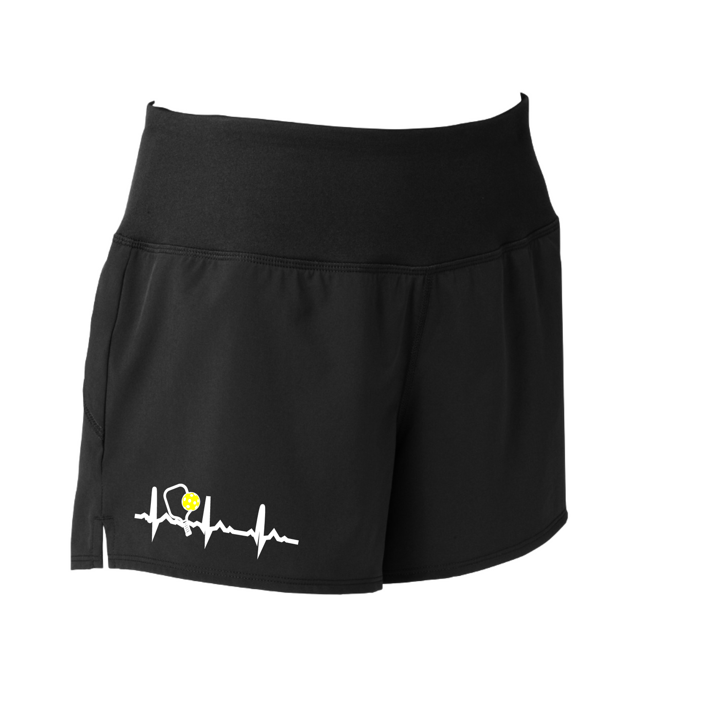 Pickleball Designs: Pickleball Heartbeat  Sport Tek women’s repeat shorts come with built-in cell phone pocket on the exterior of the waistband. You can also feel secure knowing that no matter how strenuous the exercise, the shorts will remain in place (it won’t ride up!). These shorts are extremely versatile and trendy. Transition from the Pickleball court to running errands smoothly.