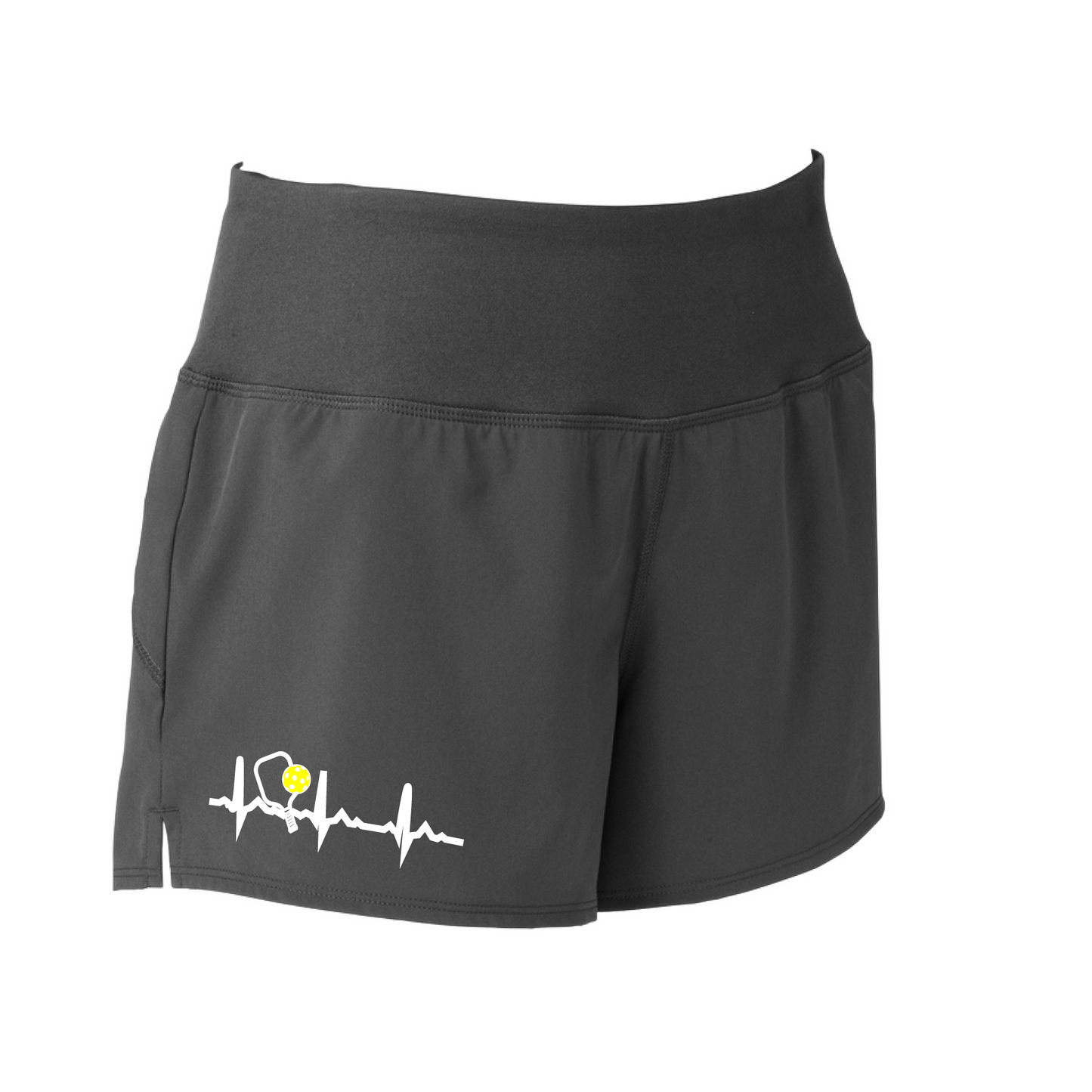 Pickleball Designs: Pickleball Heartbeat  Sport Tek women’s repeat shorts come with built-in cell phone pocket on the exterior of the waistband. You can also feel secure knowing that no matter how strenuous the exercise, the shorts will remain in place (it won’t ride up!). These shorts are extremely versatile and trendy. Transition from the Pickleball court to running errands smoothly.