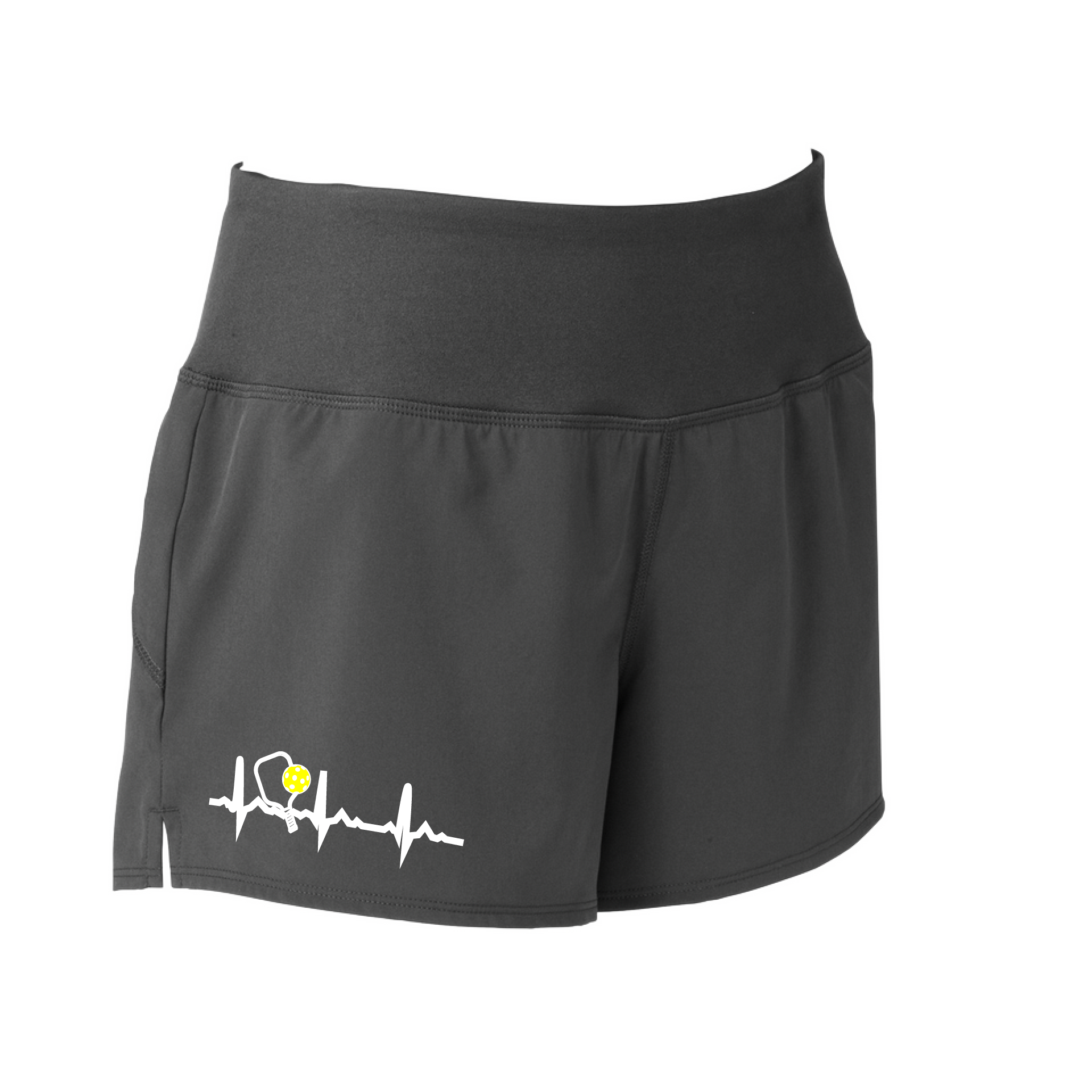 Pickleball Designs: Pickleball Heartbeat  Sport Tek women’s repeat shorts come with built-in cell phone pocket on the exterior of the waistband. You can also feel secure knowing that no matter how strenuous the exercise, the shorts will remain in place (it won’t ride up!). These shorts are extremely versatile and trendy. Transition from the Pickleball court to running errands smoothly.