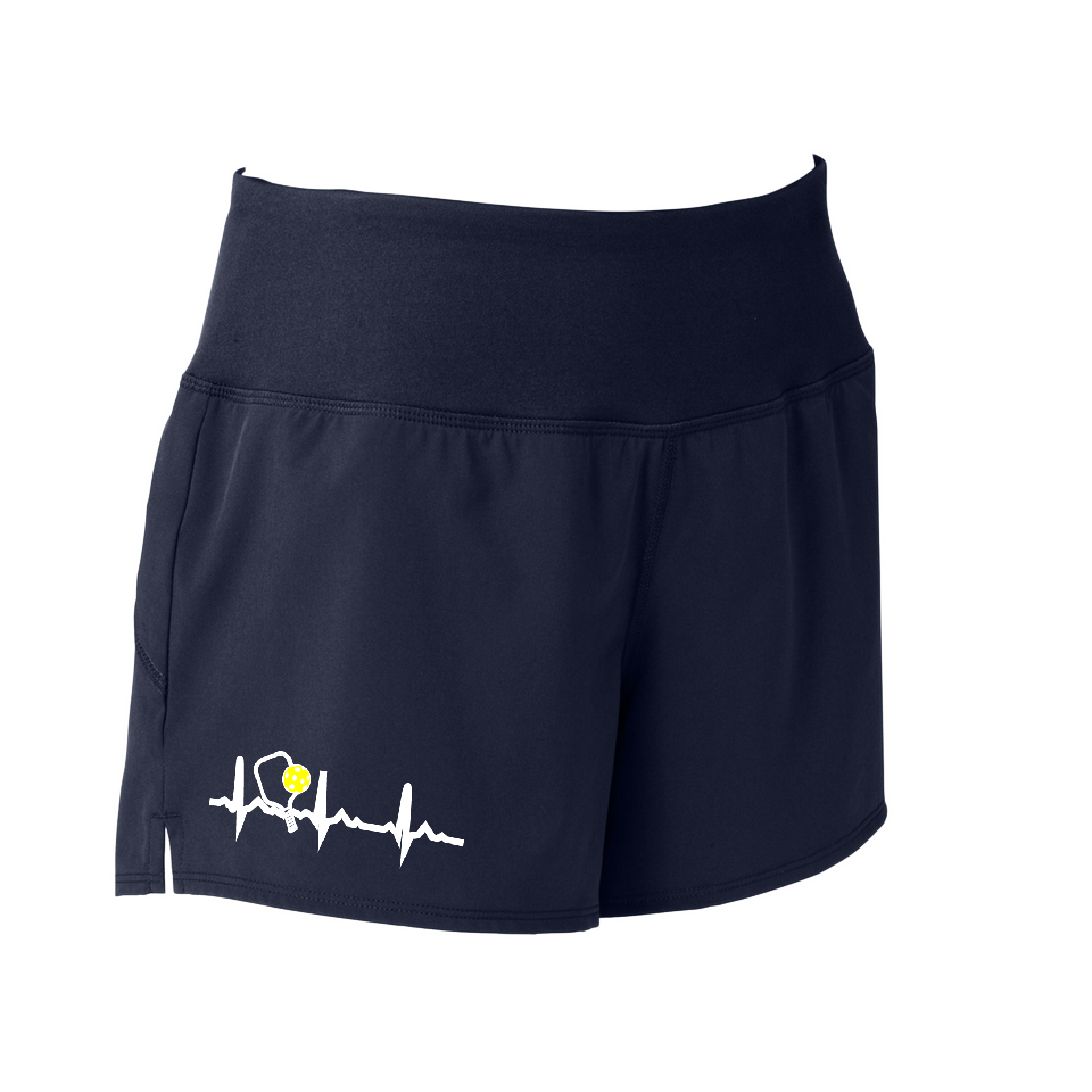 Pickleball Designs: Pickleball Heartbeat  Sport Tek women’s repeat shorts come with built-in cell phone pocket on the exterior of the waistband. You can also feel secure knowing that no matter how strenuous the exercise, the shorts will remain in place (it won’t ride up!). These shorts are extremely versatile and trendy. Transition from the Pickleball court to running errands smoothly.