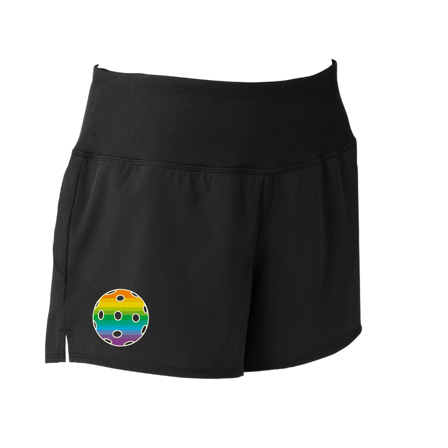 Pickleball Short Design: Customizable Pickleball Color: Choose from: Purple, Rainbow, Yellow and White.  Sport Tek women’s repeat shorts come with built-in cell phone pocket on the exterior of the waistband. You can also feel secure knowing that no matter how strenuous the exercise, the shorts will remain in place (it won’t ride up!). These shorts are extremely versatile and trendy. Transition from the Pickleball court to running errands smoothly.