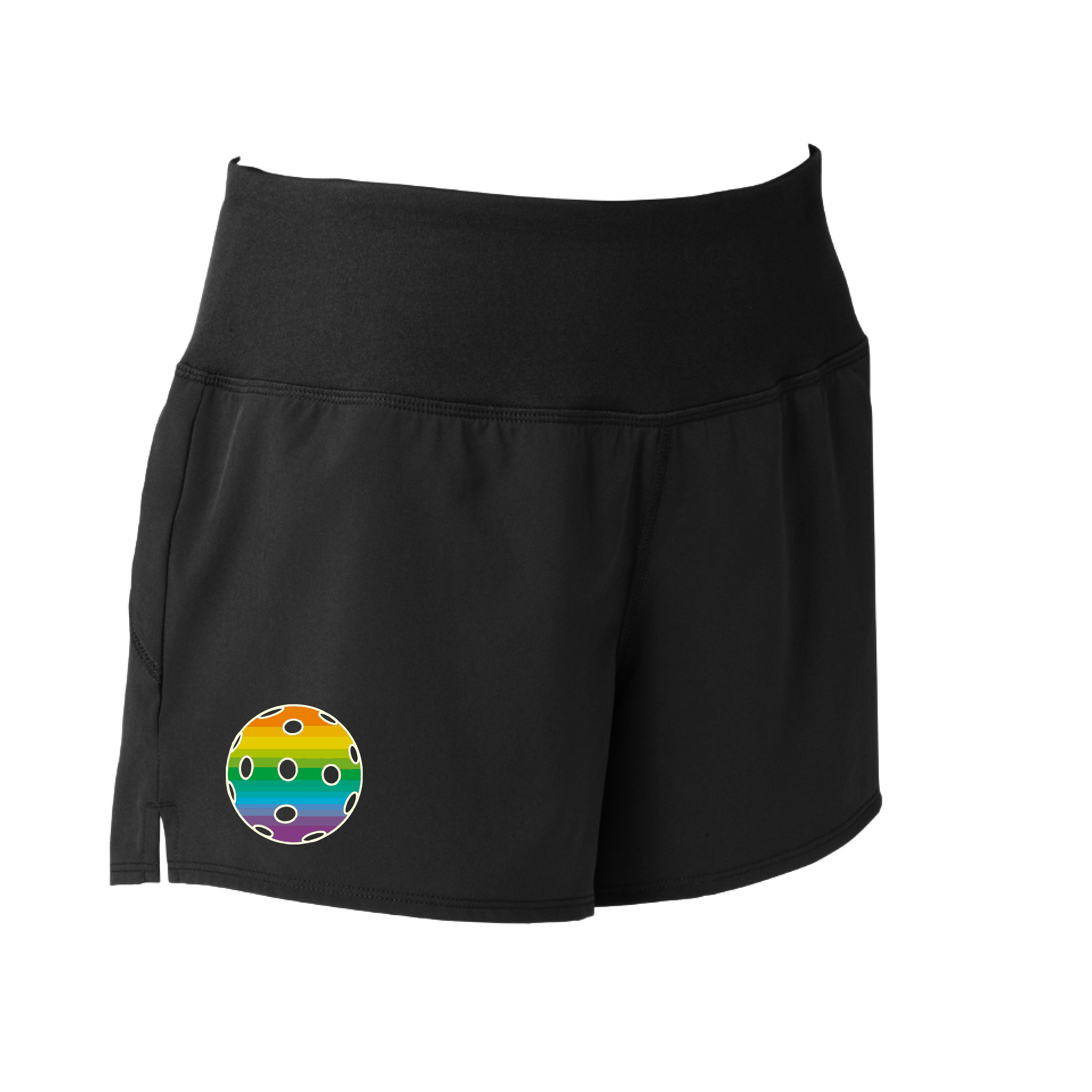 Pickleball Short Design: Customizable Pickleball Color: Choose from: Purple, Rainbow, Yellow and White.  Sport Tek women’s repeat shorts come with built-in cell phone pocket on the exterior of the waistband. You can also feel secure knowing that no matter how strenuous the exercise, the shorts will remain in place (it won’t ride up!). These shorts are extremely versatile and trendy. Transition from the Pickleball court to running errands smoothly.