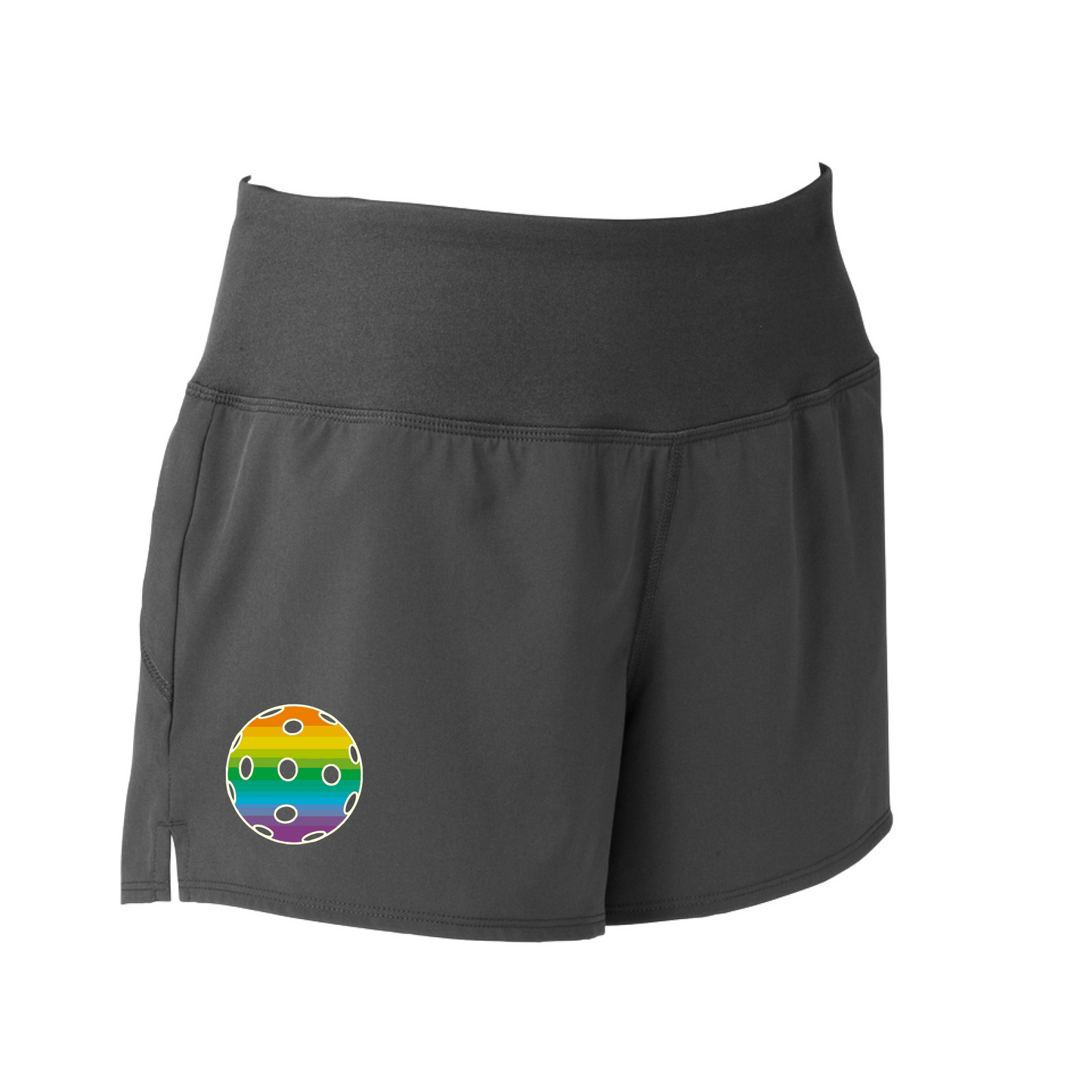 Pickleball Short Design: Customizable Pickleball Color: Choose from: Purple, Rainbow, Yellow and White.  Sport Tek women’s repeat shorts come with built-in cell phone pocket on the exterior of the waistband. You can also feel secure knowing that no matter how strenuous the exercise, the shorts will remain in place (it won’t ride up!). These shorts are extremely versatile and trendy. Transition from the Pickleball court to running errands smoothly.