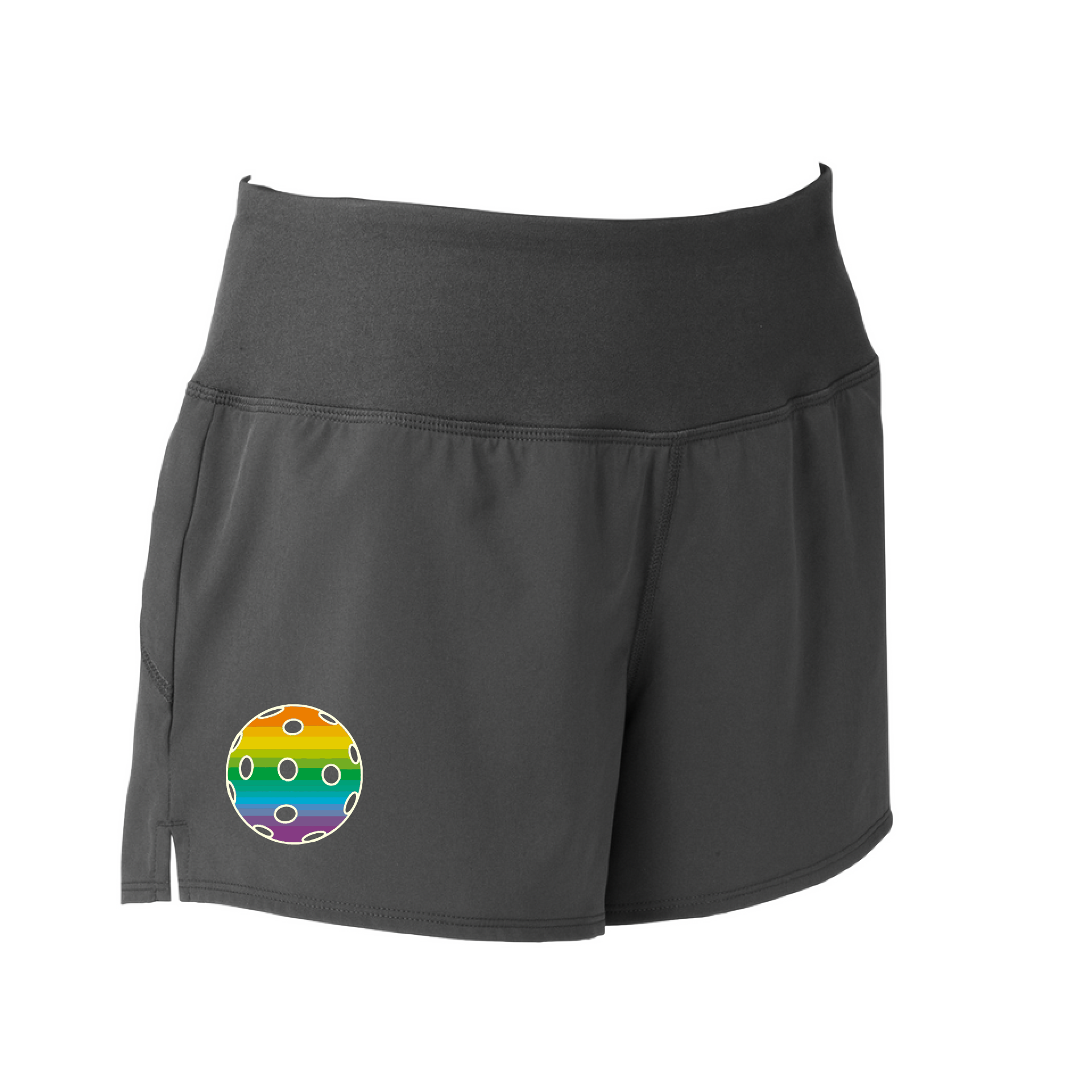 Pickleball Short Design: Customizable Pickleball Color: Choose from: Purple, Rainbow, Yellow and White.  Sport Tek women’s repeat shorts come with built-in cell phone pocket on the exterior of the waistband. You can also feel secure knowing that no matter how strenuous the exercise, the shorts will remain in place (it won’t ride up!). These shorts are extremely versatile and trendy. Transition from the Pickleball court to running errands smoothly.