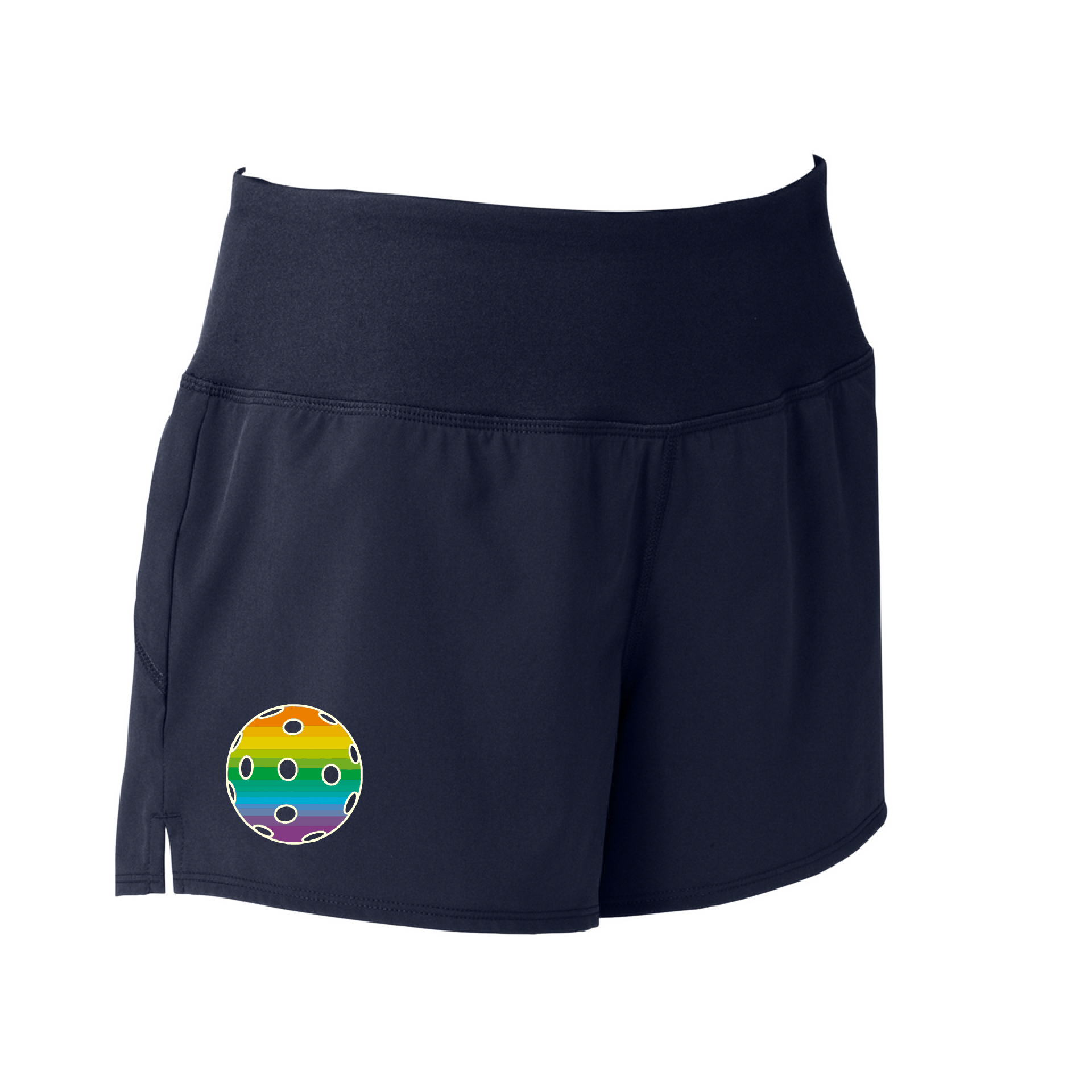 Pickleball Short Design: Customizable Pickleball Color: Choose from: Purple, Rainbow, Yellow and White.  Sport Tek women’s repeat shorts come with built-in cell phone pocket on the exterior of the waistband. You can also feel secure knowing that no matter how strenuous the exercise, the shorts will remain in place (it won’t ride up!). These shorts are extremely versatile and trendy. Transition from the Pickleball court to running errands smoothly.