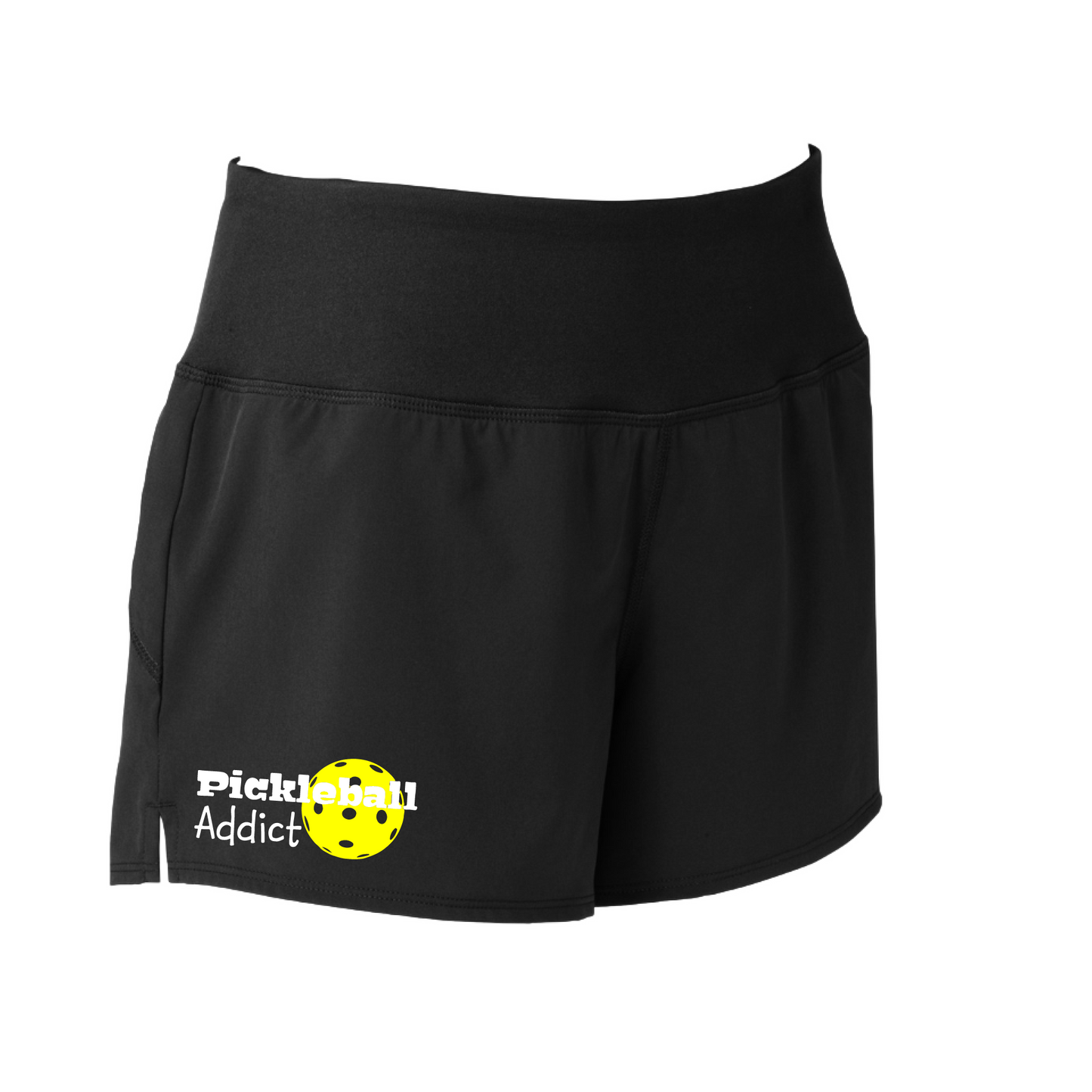 Pickleball Shorts Designs: Pickleball Addict  Sport Tek women’s repeat shorts come with built-in cell phone pocket on the exterior of the waistband. You can also feel secure knowing that no matter how strenuous the exercise, the shorts will remain in place (it won’t ride up!). These shorts are extremely versatile and trendy. Transition from the Pickleball court to running errands smoothly.