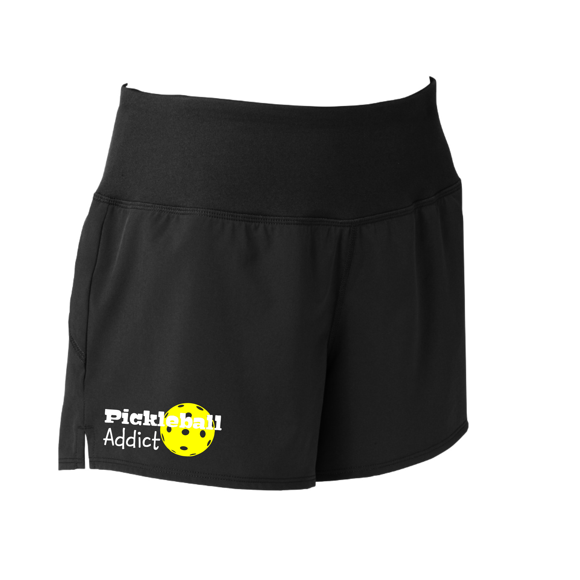 Pickleball Shorts Designs: Pickleball Addict  Sport Tek women’s repeat shorts come with built-in cell phone pocket on the exterior of the waistband. You can also feel secure knowing that no matter how strenuous the exercise, the shorts will remain in place (it won’t ride up!). These shorts are extremely versatile and trendy. Transition from the Pickleball court to running errands smoothly.