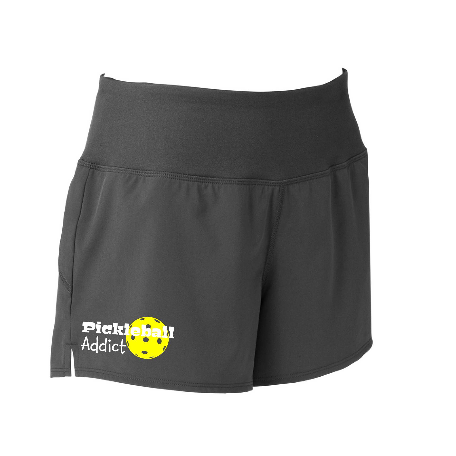 Pickleball Shorts Designs: Pickleball Addict  Sport Tek women’s repeat shorts come with built-in cell phone pocket on the exterior of the waistband. You can also feel secure knowing that no matter how strenuous the exercise, the shorts will remain in place (it won’t ride up!). These shorts are extremely versatile and trendy. Transition from the Pickleball court to running errands smoothly.