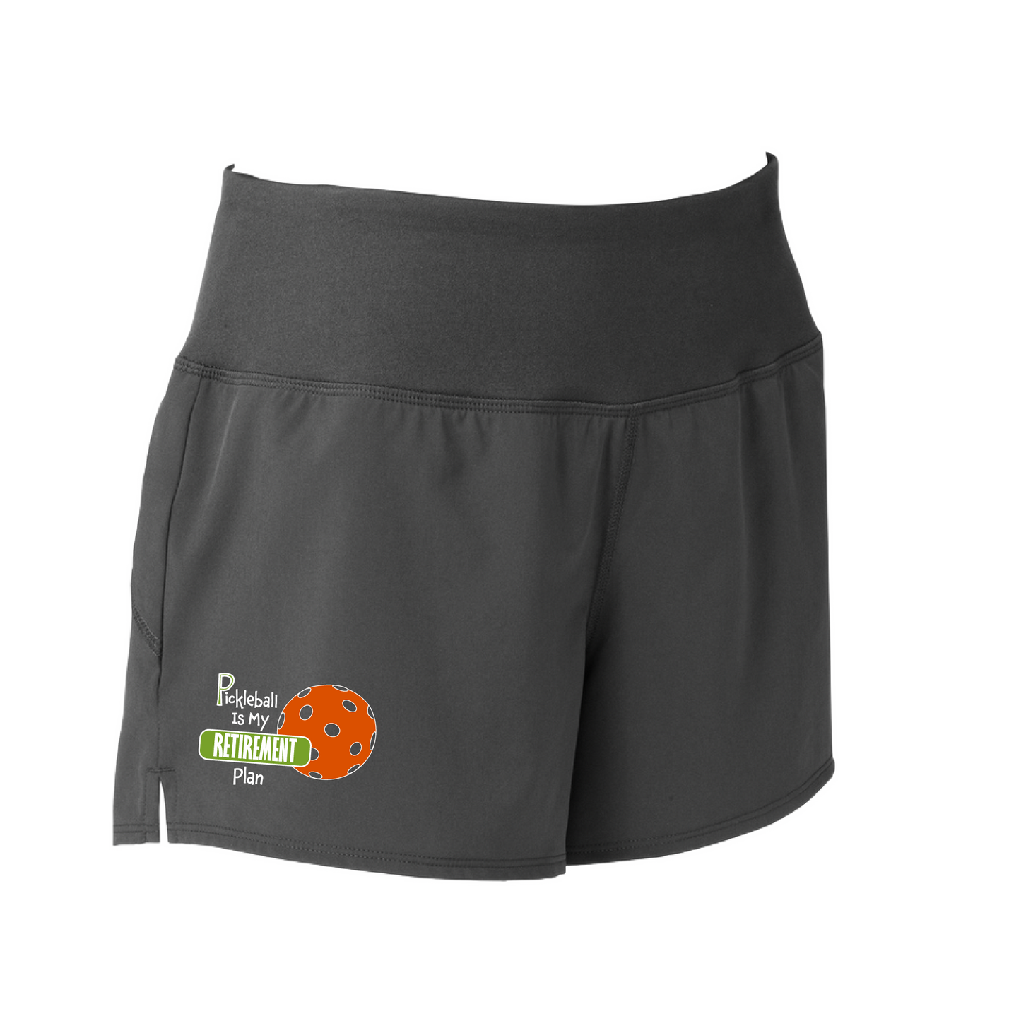 Pickleball Shorts Design: Pickleball is my Retirement Plan  Sport Tek women’s repeat shorts come with built-in cell phone pocket on the exterior of the waistband. You can also feel secure knowing that no matter how strenuous the exercise, the shorts will remain in place (it won’t ride up!). These shorts are extremely versatile and trendy. Transition from the Pickleball court to running errands smoothly.