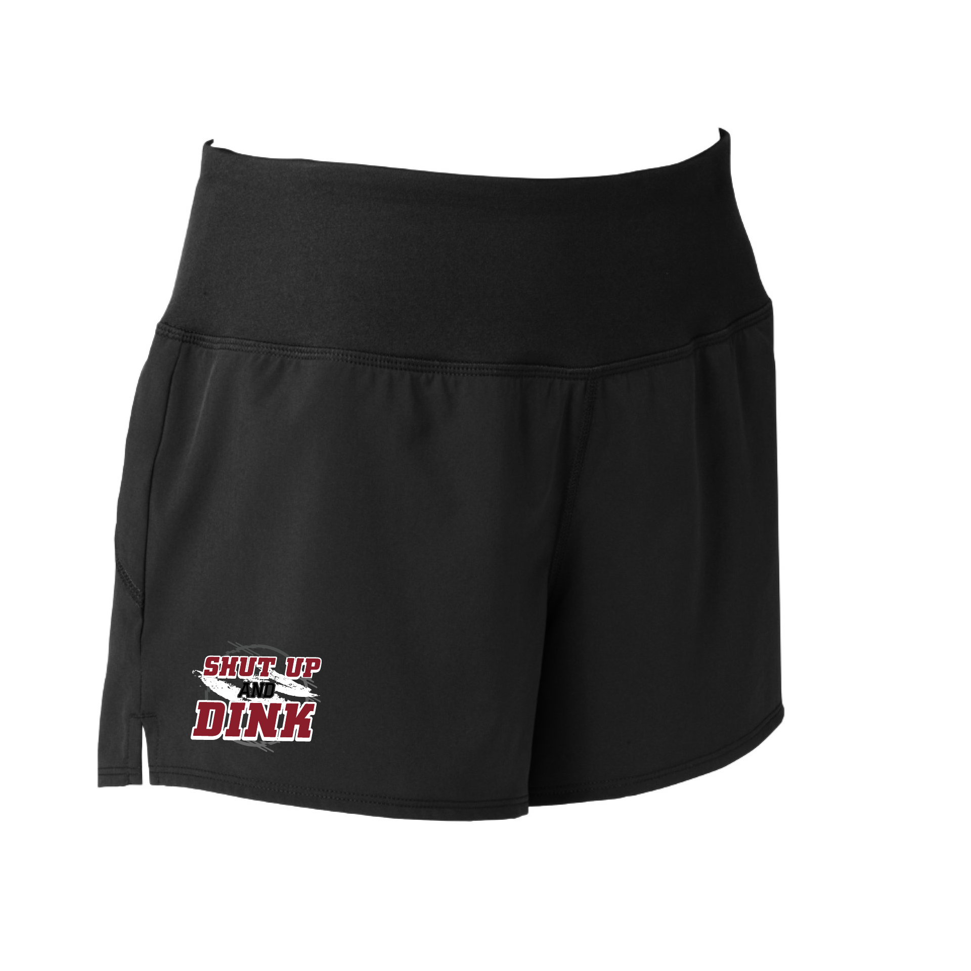 Pickleball Short Design: Shut Up and Dink  Sport Tek women’s repeat shorts come with built-in cell phone pocket on the exterior of the waistband. You can also feel secure knowing that no matter how strenuous the exercise, the shorts will remain in place (it won’t ride up!). These shorts are extremely versatile and trendy. Transition from the Pickleball court to running errands smoothly.