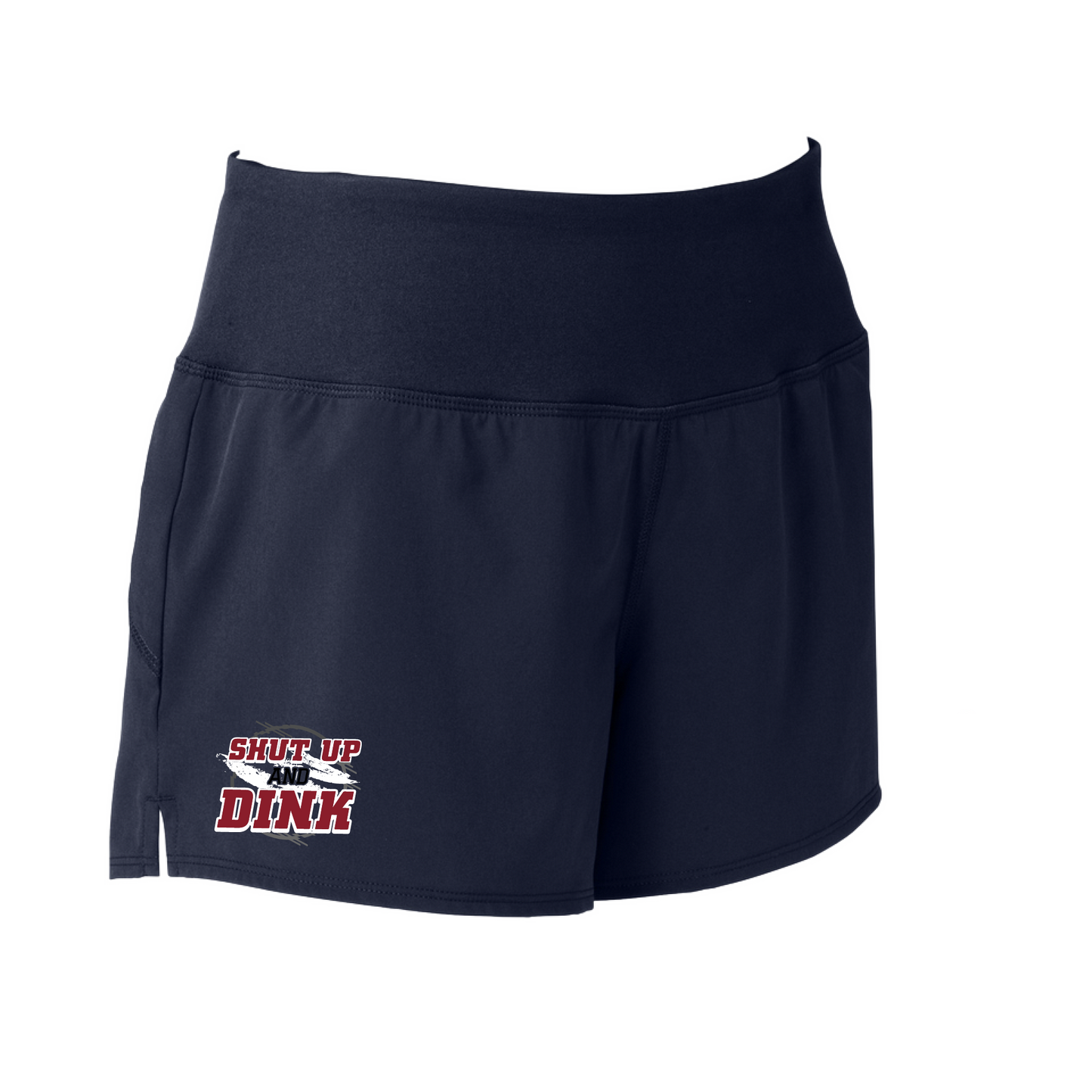 Pickleball Short Design: Shut Up and Dink  Sport Tek women’s repeat shorts come with built-in cell phone pocket on the exterior of the waistband. You can also feel secure knowing that no matter how strenuous the exercise, the shorts will remain in place (it won’t ride up!). These shorts are extremely versatile and trendy. Transition from the Pickleball court to running errands smoothly.