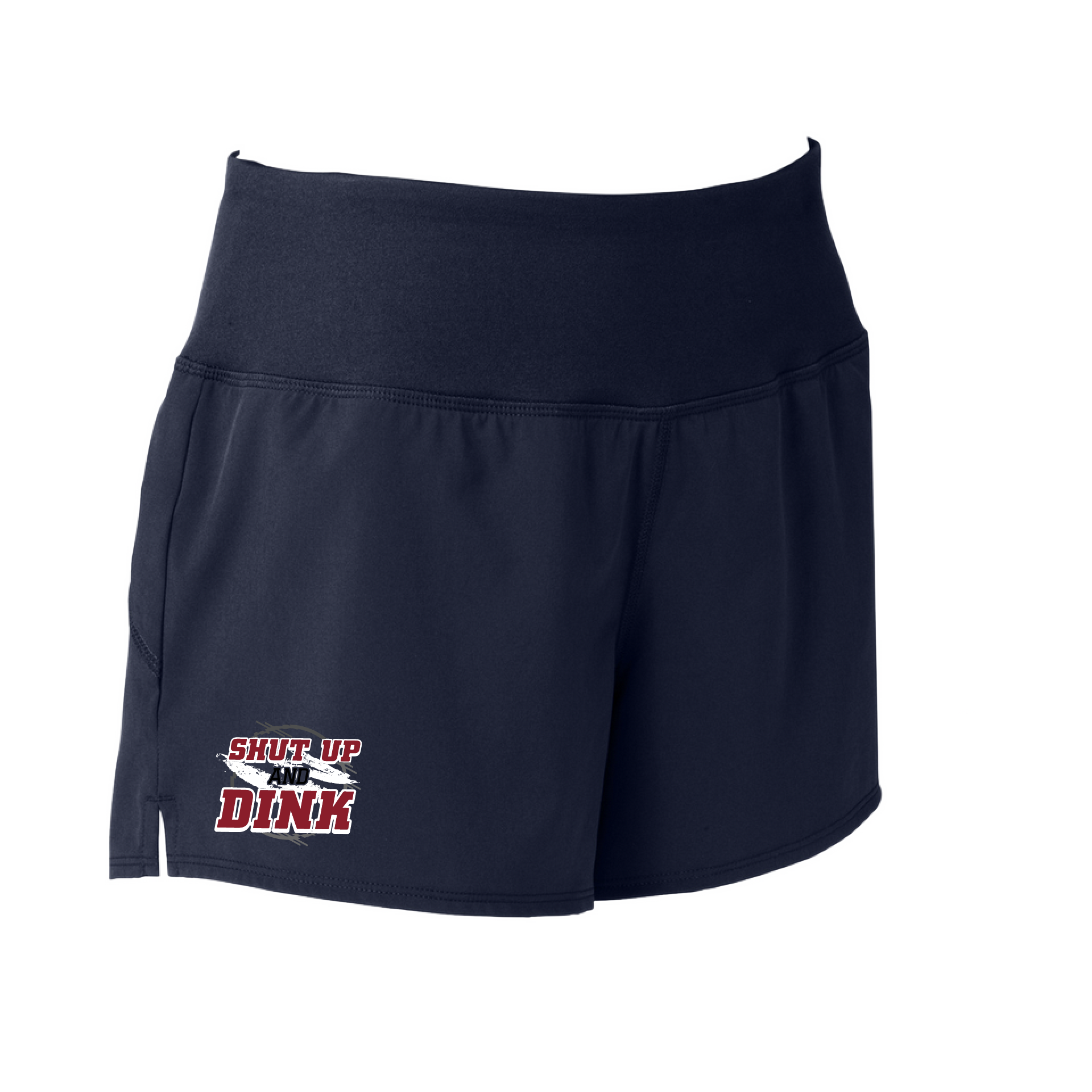 Pickleball Short Design: Shut Up and Dink  Sport Tek women’s repeat shorts come with built-in cell phone pocket on the exterior of the waistband. You can also feel secure knowing that no matter how strenuous the exercise, the shorts will remain in place (it won’t ride up!). These shorts are extremely versatile and trendy. Transition from the Pickleball court to running errands smoothly.