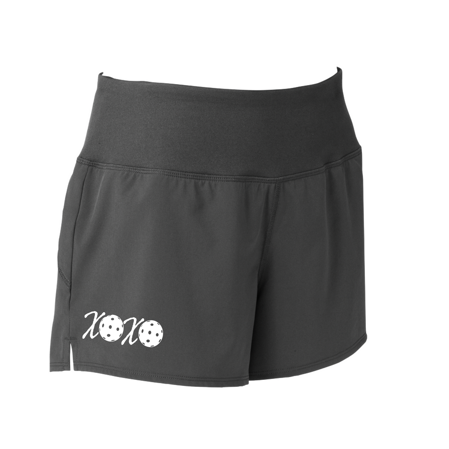 Pickleball Shorts Designs: XOXO  Sport Tek women’s repeat shorts come with built-in cell phone pocket on the exterior of the waistband. You can also feel secure knowing that no matter how strenuous the exercise, the shorts will remain in place (it won’t ride up!). These shorts are extremely versatile and trendy. Transition from the Pickleball court to running errands smoothly.