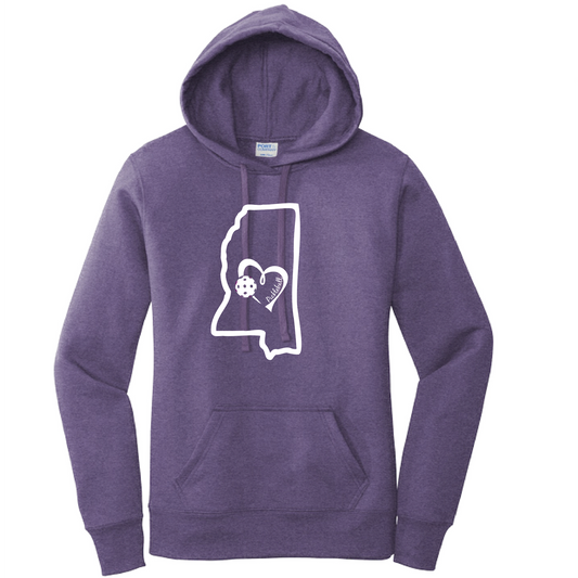 Pickleball Design: Mississippi State with Heart  Women's Styles: Hooded Sweatshirt  Turn up the volume in this Women's shirt with its perfect mix of softness and attitude. Material is ultra-comfortable with moisture wicking properties and tri-blend softness. PosiCharge technology locks in color. Highly breathable and lightweight.