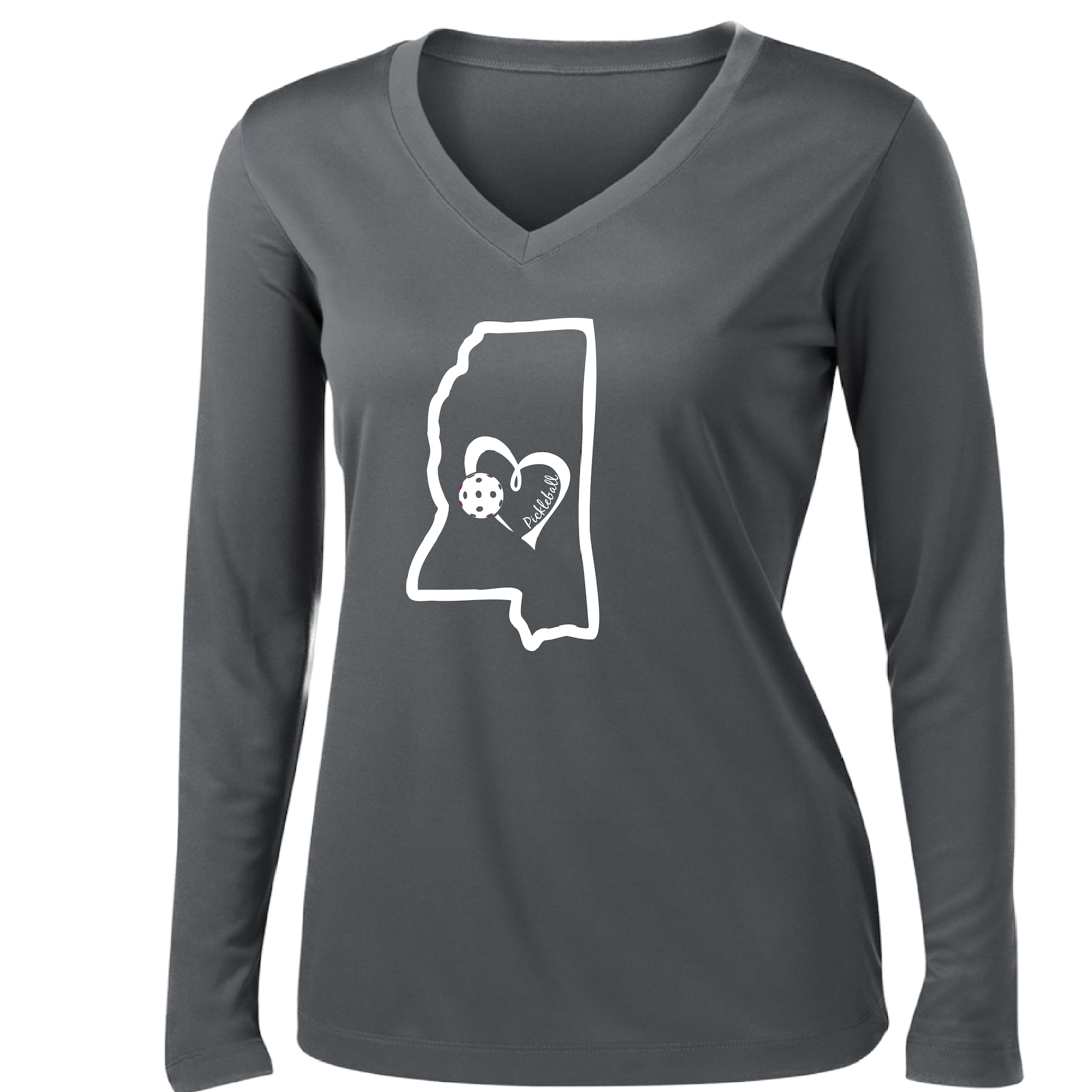 Pickleball Design: Mississippi State with Heart  Women's Styles: Long-Sleeve V-Neck  Turn up the volume in this Women's shirt with its perfect mix of softness and attitude. Material is ultra-comfortable with moisture wicking properties and tri-blend softness. PosiCharge technology locks in color. Highly breathable and lightweight.