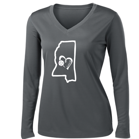 Pickleball Design: Mississippi State with Heart  Women's Styles: Long-Sleeve V-Neck  Turn up the volume in this Women's shirt with its perfect mix of softness and attitude. Material is ultra-comfortable with moisture wicking properties and tri-blend softness. PosiCharge technology locks in color. Highly breathable and lightweight.