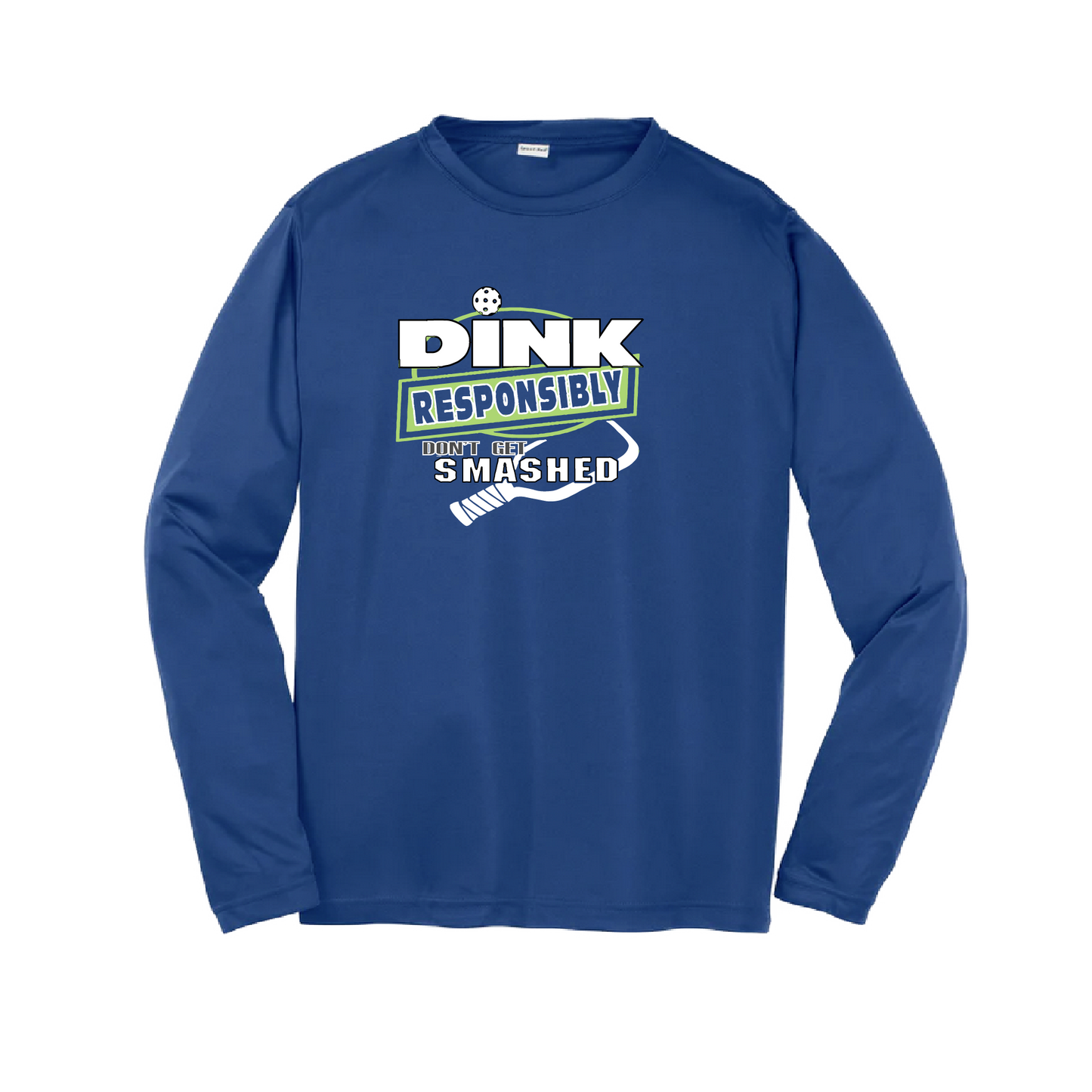 Pickleball Design: Dink Responsibly - Don't Get Smashed  Youth Style: Long Sleeve  Shirts are lightweight, roomy and highly breathable. These moisture-wicking shirts are designed for athletic performance. They feature PosiCharge technology to lock in color and prevent logos from fading. Removable tag and set-in sleeves for comfort.