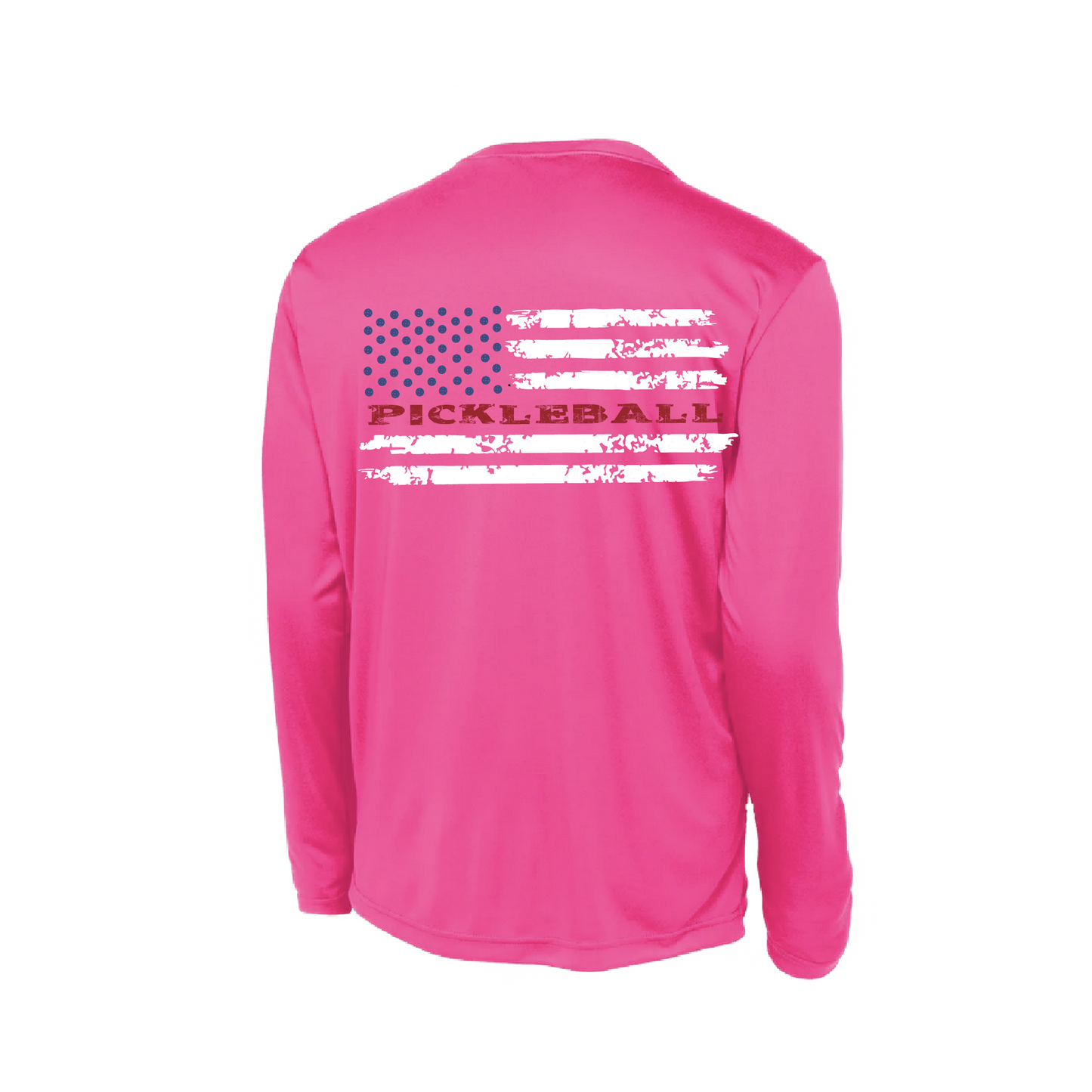 Pickleball Design: Pickleball Flag Horizontal on Front or Back of Shirt  Youth Style: Long Sleeve  Shirts are lightweight, roomy and highly breathable. These moisture-wicking shirts are designed for athletic performance. They feature PosiCharge technology to lock in color and prevent logos from fading. Removable tag and set-in sleeves for comfort.