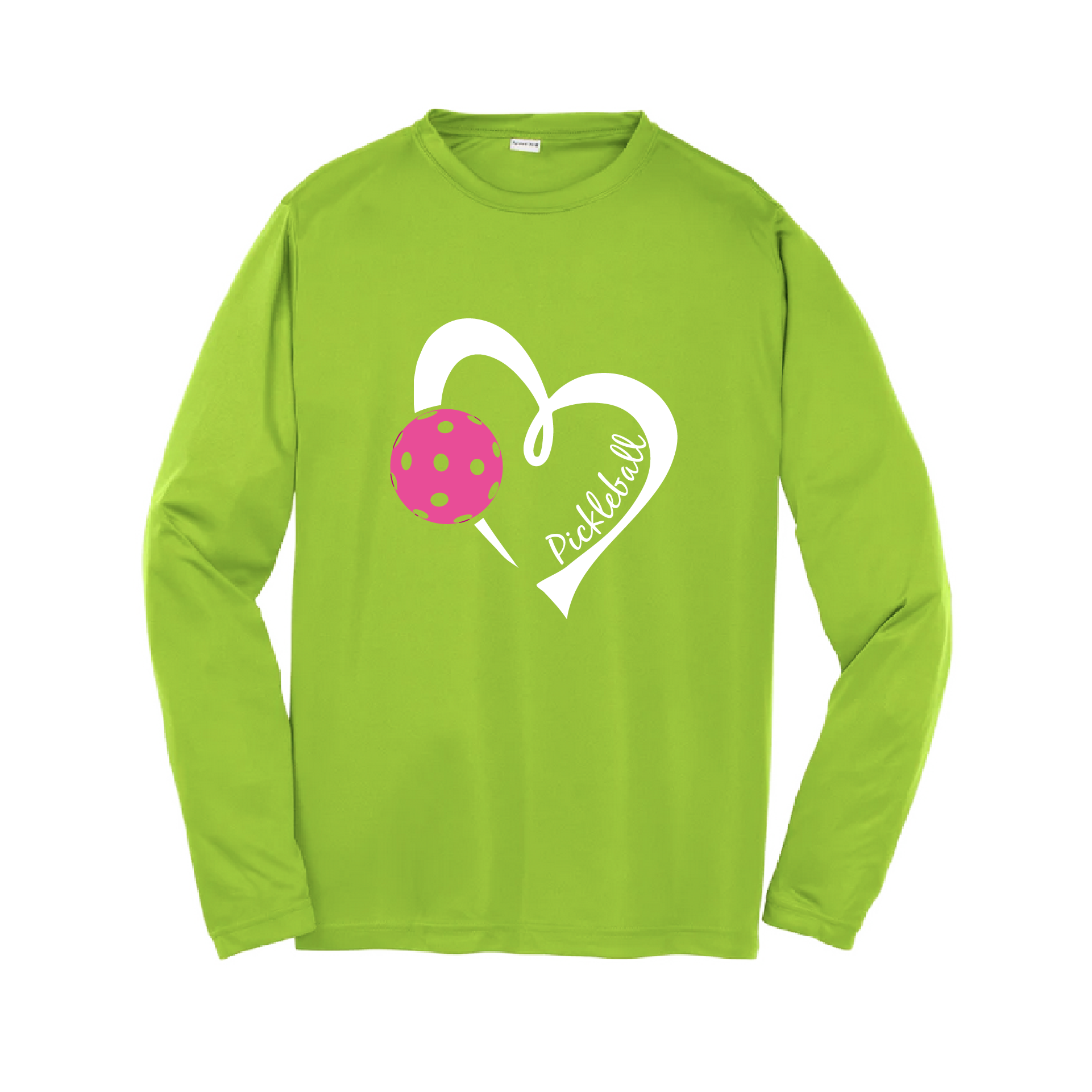 Pickleball Design: Heart with Ball  Youth Styles: Long Sleeve (LS)  Shirts are lightweight, roomy and highly breathable. These moisture-wicking shirts are designed for athletic performance. They feature PosiCharge technology to lock in color and prevent logos from fading. Removable tag and set-in sleeves for comfort.