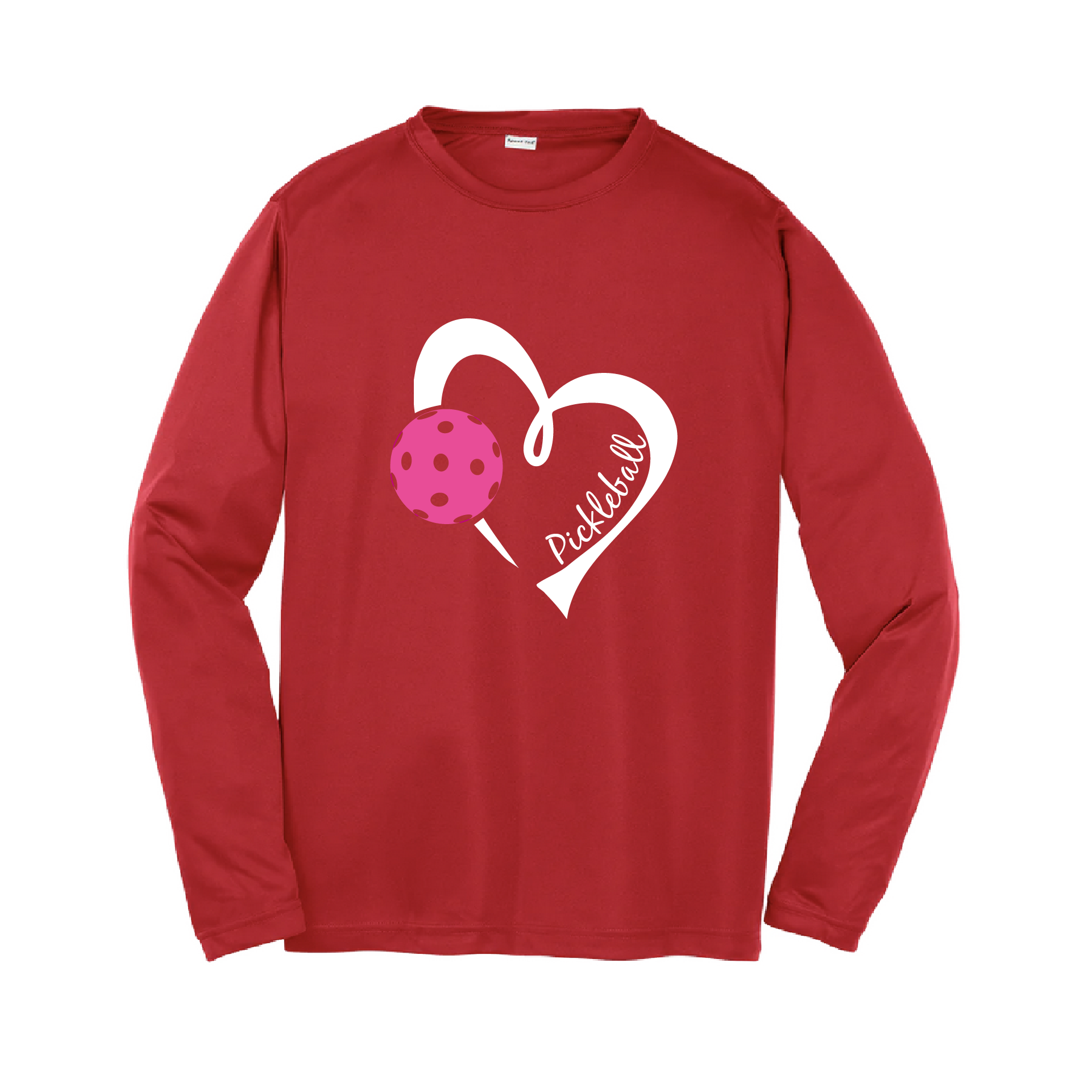 Pickleball Design: Heart with Ball  Youth Styles: Long Sleeve (LS)  Shirts are lightweight, roomy and highly breathable. These moisture-wicking shirts are designed for athletic performance. They feature PosiCharge technology to lock in color and prevent logos from fading. Removable tag and set-in sleeves for comfort.