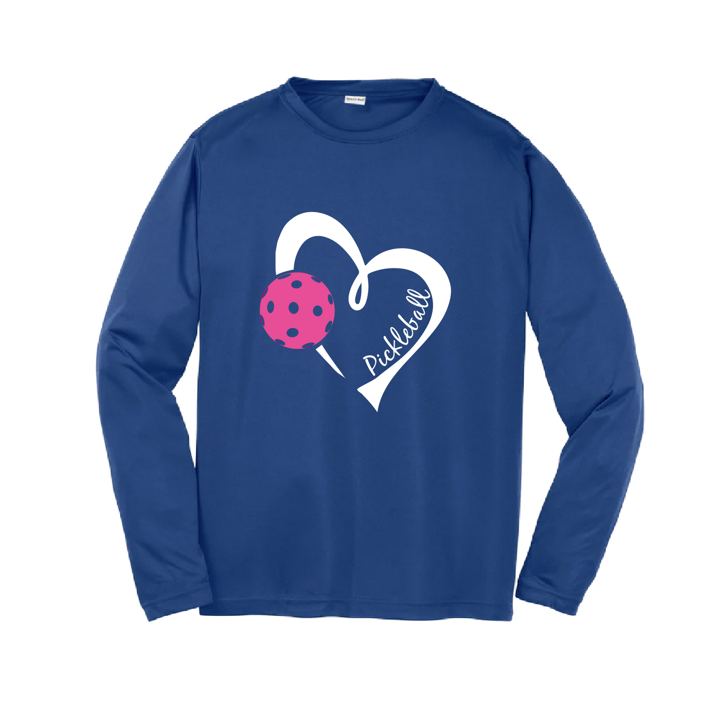 Pickleball Design: Heart with Ball  Youth Styles: Long Sleeve (LS)  Shirts are lightweight, roomy and highly breathable. These moisture-wicking shirts are designed for athletic performance. They feature PosiCharge technology to lock in color and prevent logos from fading. Removable tag and set-in sleeves for comfort.