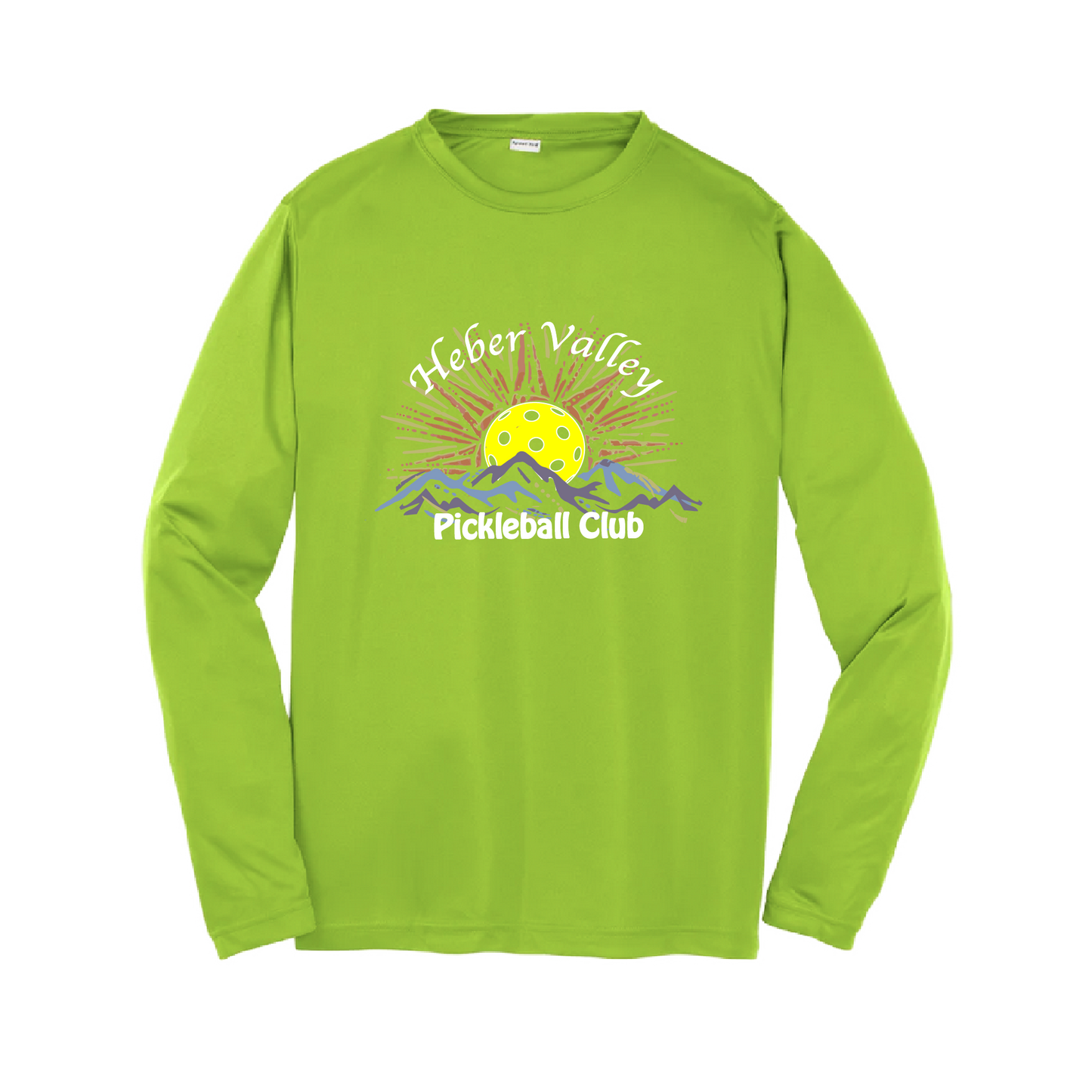 Pickleball Shirt Design: Heber Valley Pickleball Club (Full Design)  Youth Style: Long Sleeve  Shirts are lightweight, roomy and highly breathable. These moisture-wicking shirts are designed for athletic performance. They feature PosiCharge technology to lock in color and prevent logos from fading. Removable tag and set-in sleeves for comfort.