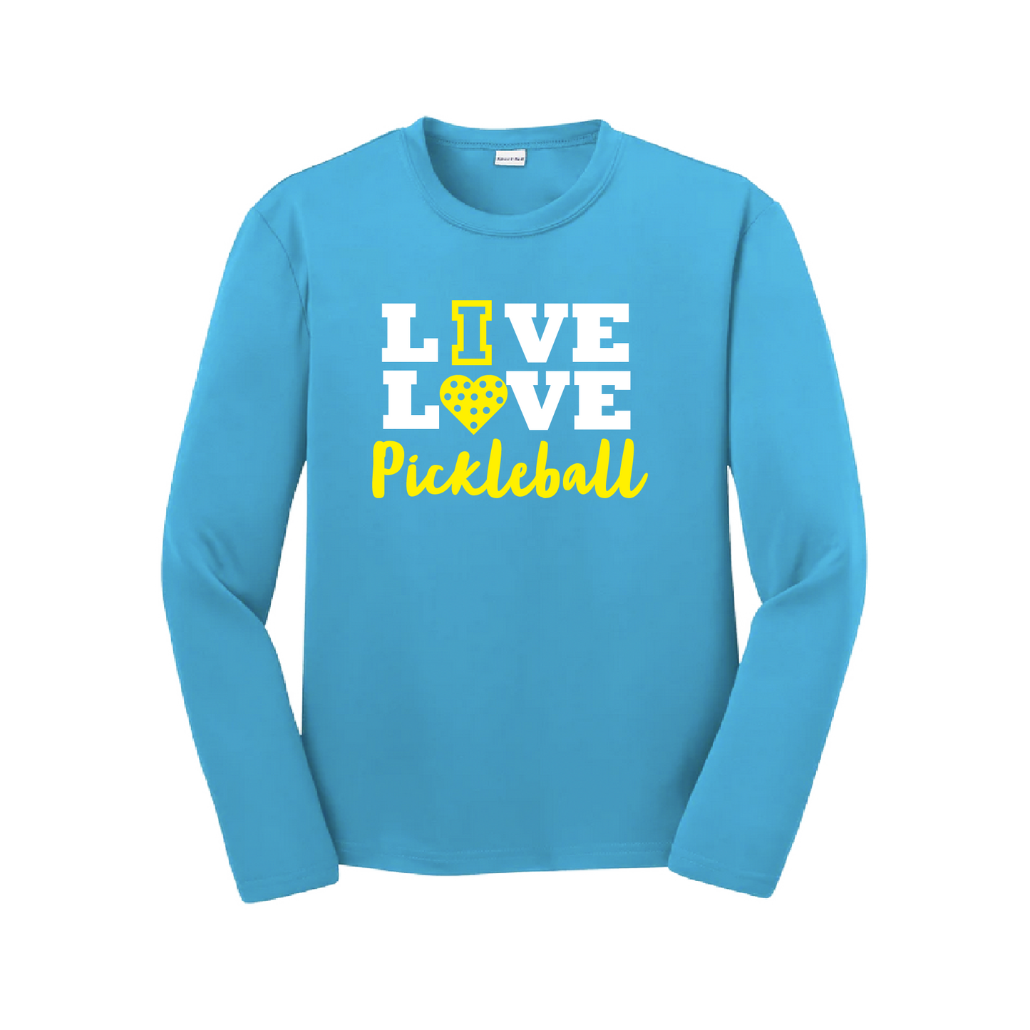 Pickleball Design: Live Love Pickleball  Youth Style: Long Sleeve  Shirts are lightweight, roomy and highly breathable. These moisture-wicking shirts are designed for athletic performance. They feature PosiCharge technology to lock in color and prevent logos from fading. Removable tag and set-in sleeves for comfort