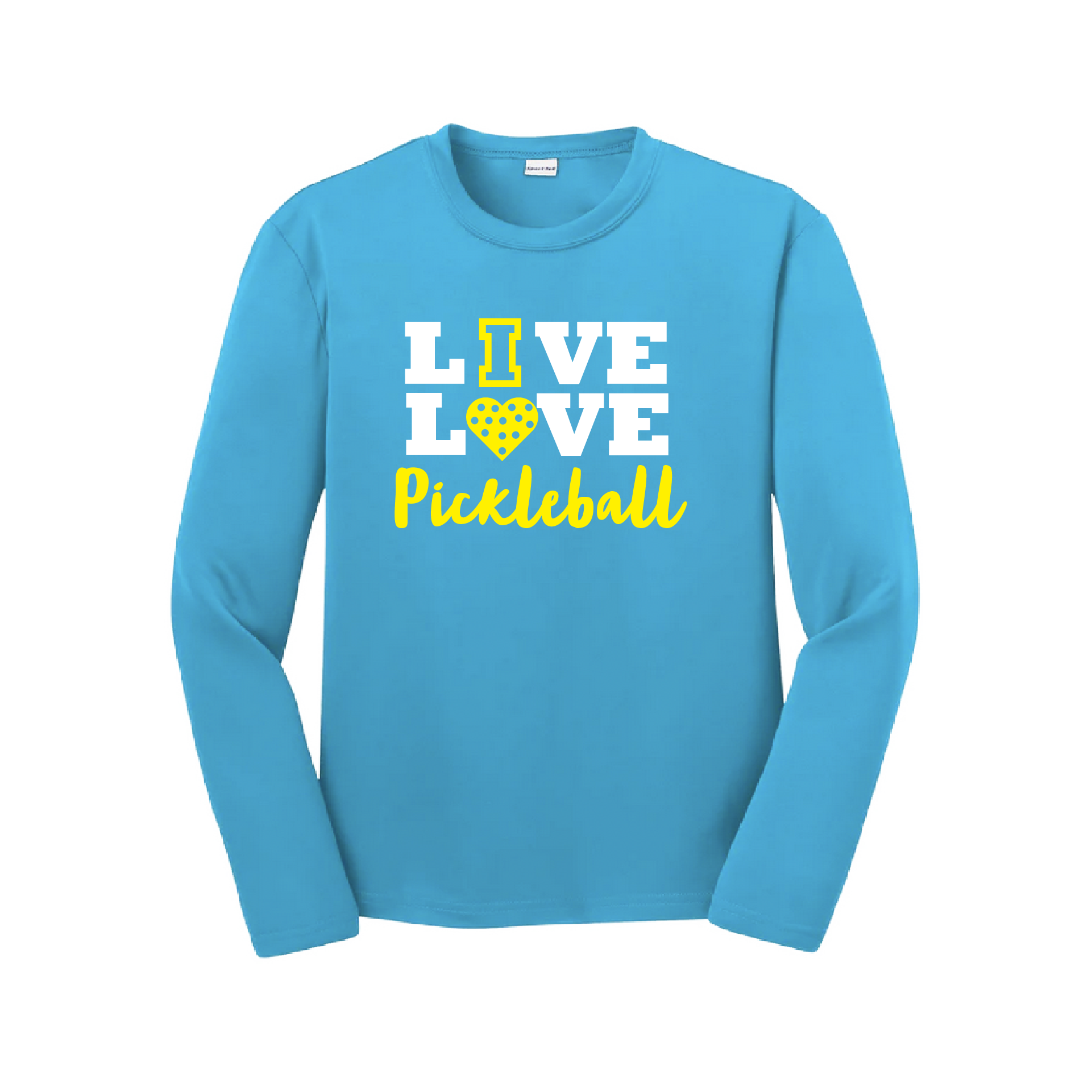 Pickleball Design: Live Love Pickleball  Youth Style: Long Sleeve  Shirts are lightweight, roomy and highly breathable. These moisture-wicking shirts are designed for athletic performance. They feature PosiCharge technology to lock in color and prevent logos from fading. Removable tag and set-in sleeves for comfort