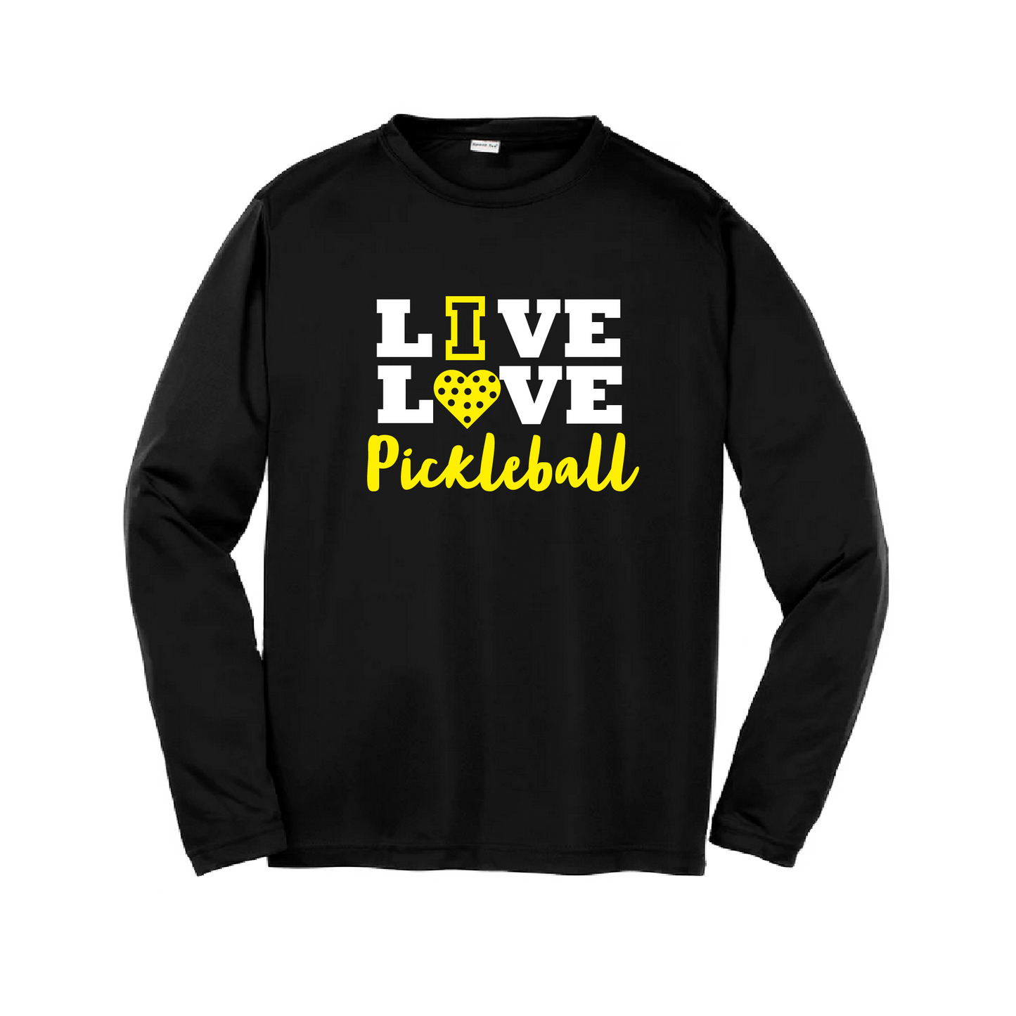 Pickleball Design: Live Love Pickleball  Youth Style: Long Sleeve  Shirts are lightweight, roomy and highly breathable. These moisture-wicking shirts are designed for athletic performance. They feature PosiCharge technology to lock in color and prevent logos from fading. Removable tag and set-in sleeves for comfort