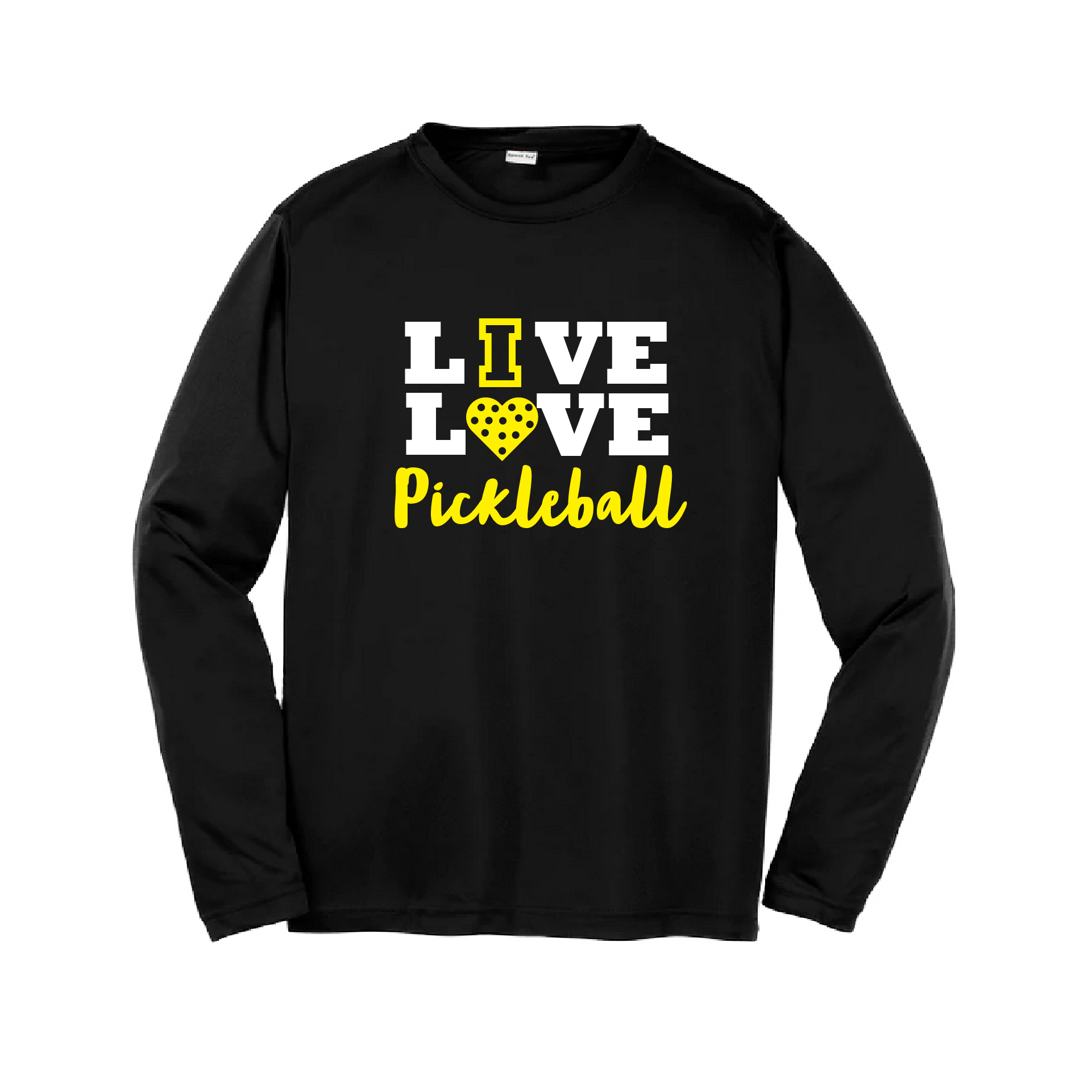 Pickleball Design: Live Love Pickleball  Youth Style: Long Sleeve  Shirts are lightweight, roomy and highly breathable. These moisture-wicking shirts are designed for athletic performance. They feature PosiCharge technology to lock in color and prevent logos from fading. Removable tag and set-in sleeves for comfort
