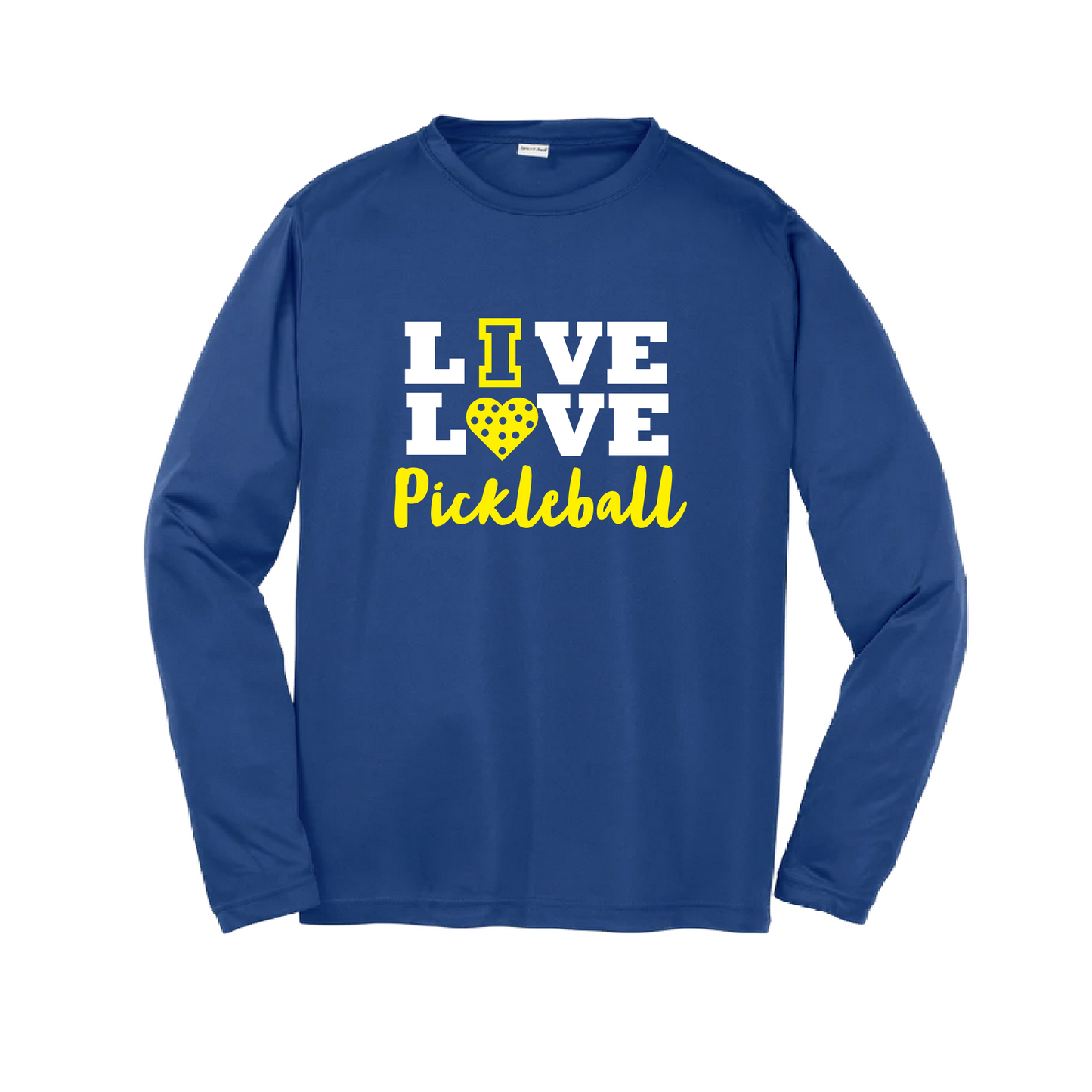 Pickleball Design: Live Love Pickleball  Youth Style: Long Sleeve  Shirts are lightweight, roomy and highly breathable. These moisture-wicking shirts are designed for athletic performance. They feature PosiCharge technology to lock in color and prevent logos from fading. Removable tag and set-in sleeves for comfort