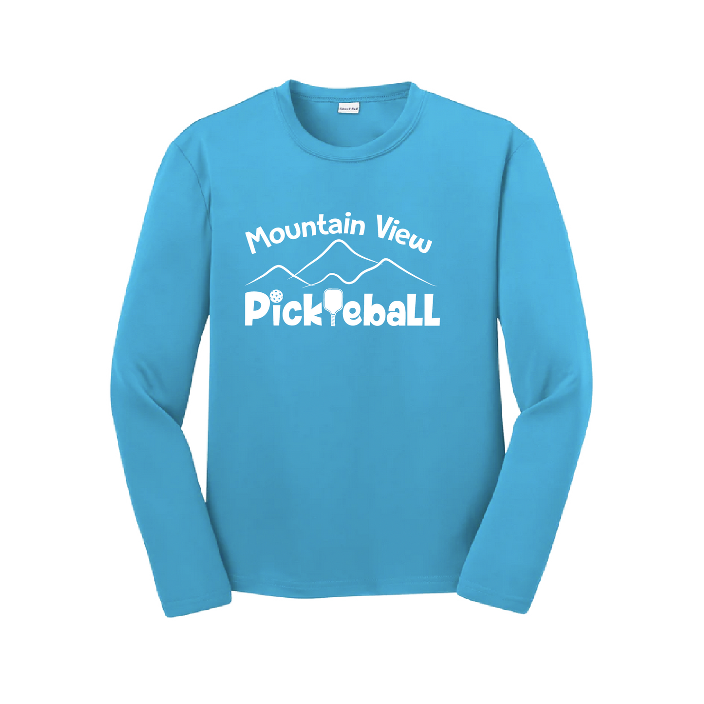 Pickleball Design: Mountain View Pickleball Club  Youth Styles: Long Sleeve  Shirts are lightweight, roomy and highly breathable. These moisture-wicking shirts are designed for athletic performance. They feature PosiCharge technology to lock in color and prevent logos from fading. Removable tag and set-in sleeves for comfort.