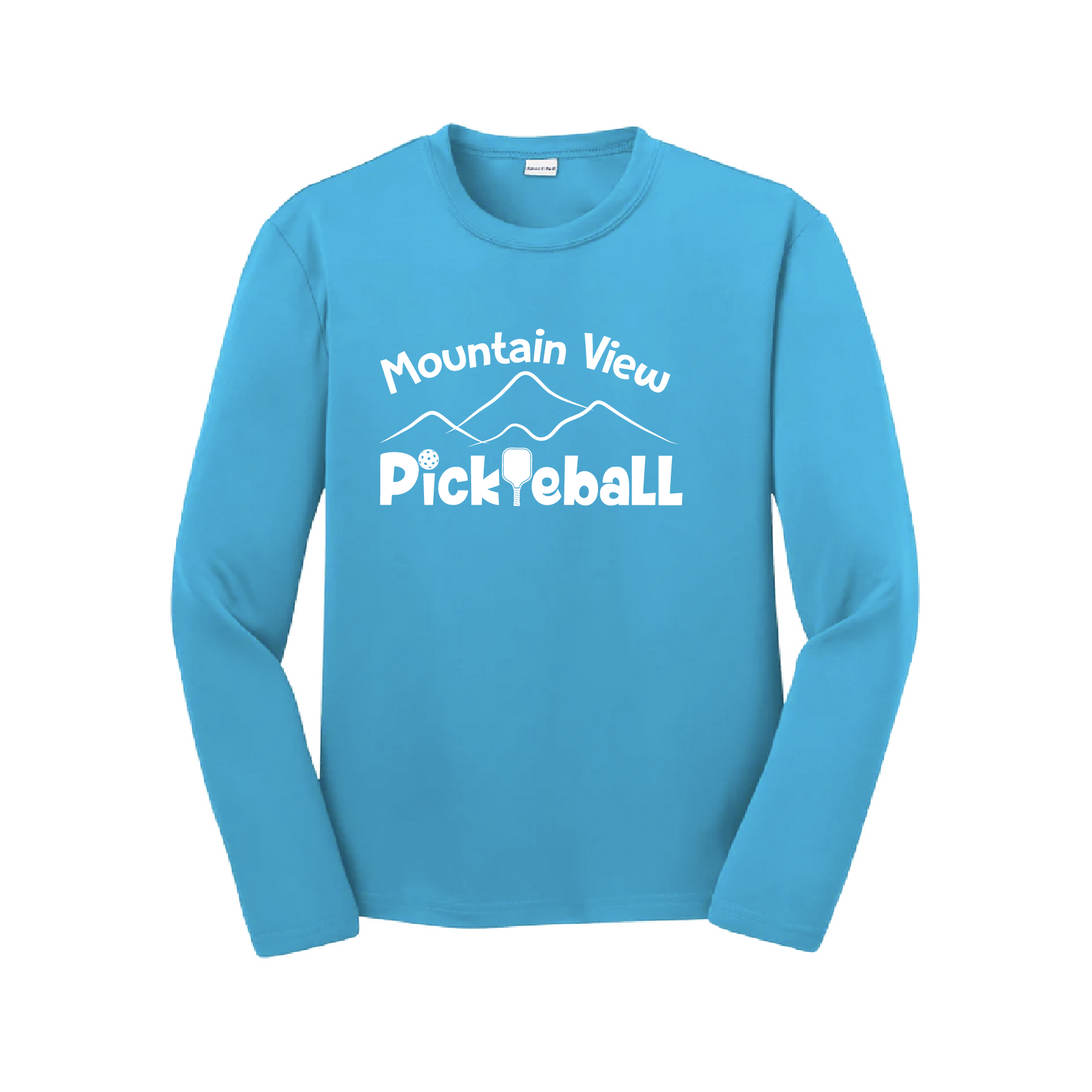 Pickleball Design: Mountain View Pickleball Club  Youth Styles: Long Sleeve  Shirts are lightweight, roomy and highly breathable. These moisture-wicking shirts are designed for athletic performance. They feature PosiCharge technology to lock in color and prevent logos from fading. Removable tag and set-in sleeves for comfort.