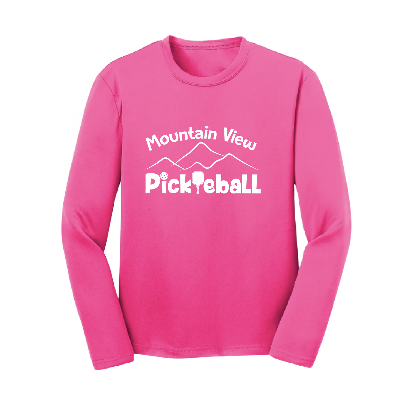 Pickleball Design: Mountain View Pickleball Club  Youth Styles: Long Sleeve  Shirts are lightweight, roomy and highly breathable. These moisture-wicking shirts are designed for athletic performance. They feature PosiCharge technology to lock in color and prevent logos from fading. Removable tag and set-in sleeves for comfort.