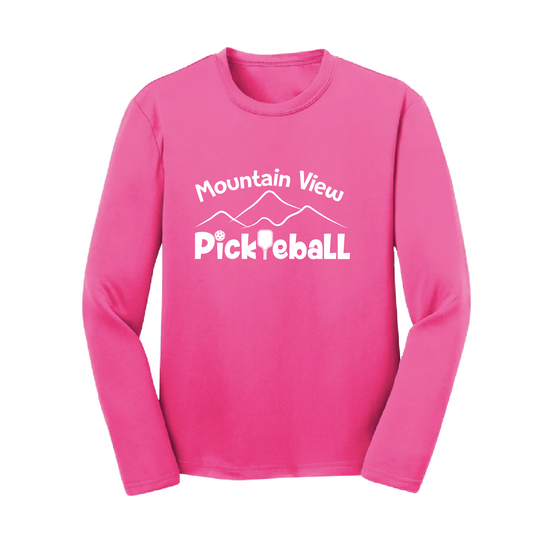 Pickleball Design: Mountain View Pickleball Club  Youth Styles: Long Sleeve  Shirts are lightweight, roomy and highly breathable. These moisture-wicking shirts are designed for athletic performance. They feature PosiCharge technology to lock in color and prevent logos from fading. Removable tag and set-in sleeves for comfort.