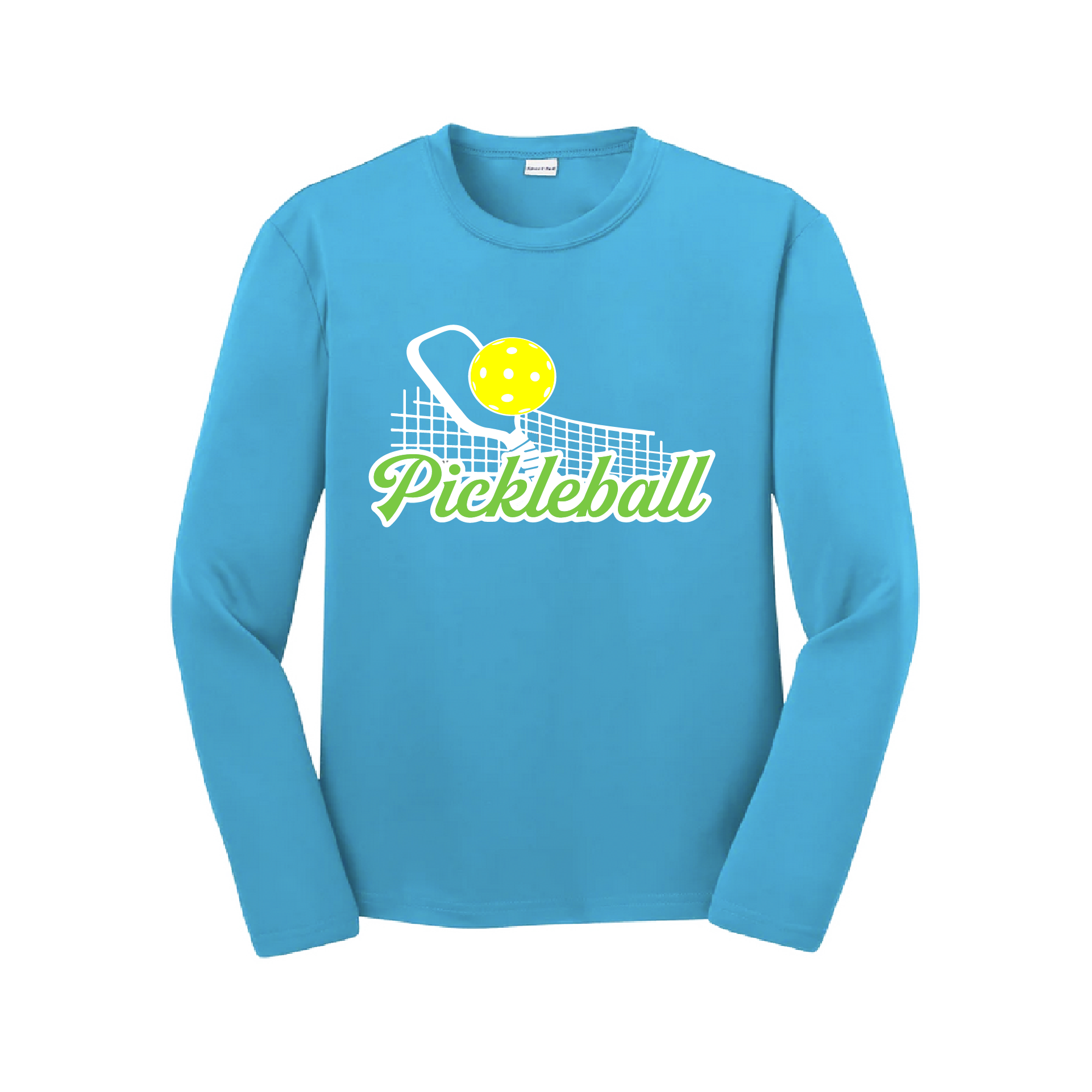 Pickleball Design: Paddle with Net  Youth Style: Long Sleeve  Shirts are lightweight, roomy and highly breathable. These moisture-wicking shirts are designed for athletic performance. They feature PosiCharge technology to lock in color and prevent logos from fading. Removable tag and set-in sleeves for comfort.