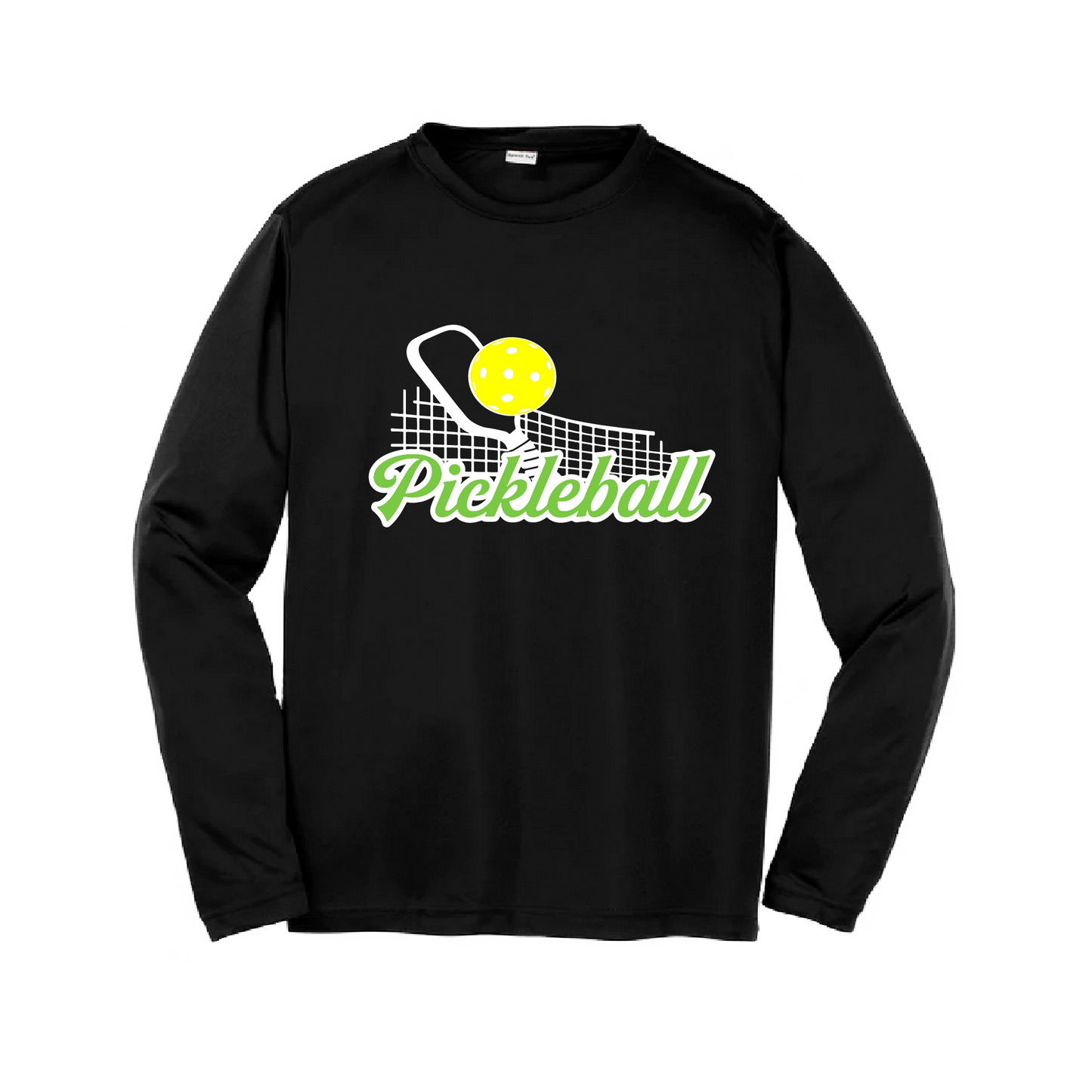 Pickleball Design: Paddle with Net  Youth Style: Long Sleeve  Shirts are lightweight, roomy and highly breathable. These moisture-wicking shirts are designed for athletic performance. They feature PosiCharge technology to lock in color and prevent logos from fading. Removable tag and set-in sleeves for comfort.