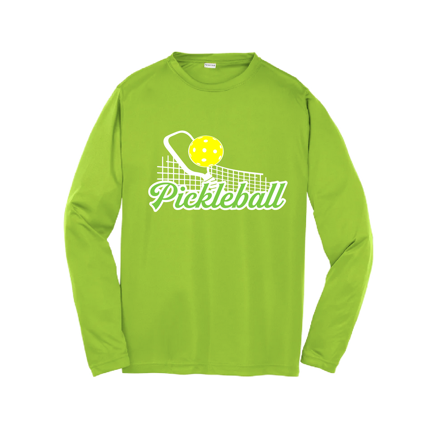 Pickleball Design: Paddle with Net  Youth Style: Long Sleeve  Shirts are lightweight, roomy and highly breathable. These moisture-wicking shirts are designed for athletic performance. They feature PosiCharge technology to lock in color and prevent logos from fading. Removable tag and set-in sleeves for comfort.