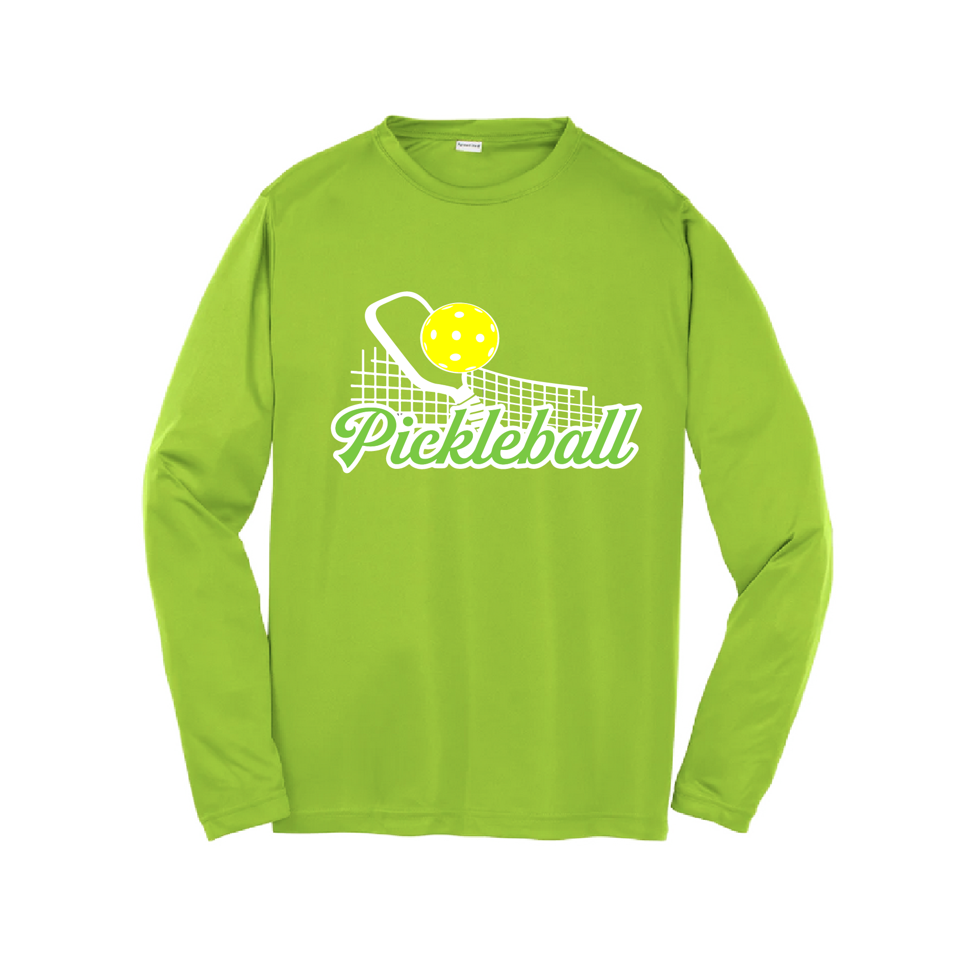 Pickleball Design: Paddle with Net  Youth Style: Long Sleeve  Shirts are lightweight, roomy and highly breathable. These moisture-wicking shirts are designed for athletic performance. They feature PosiCharge technology to lock in color and prevent logos from fading. Removable tag and set-in sleeves for comfort.