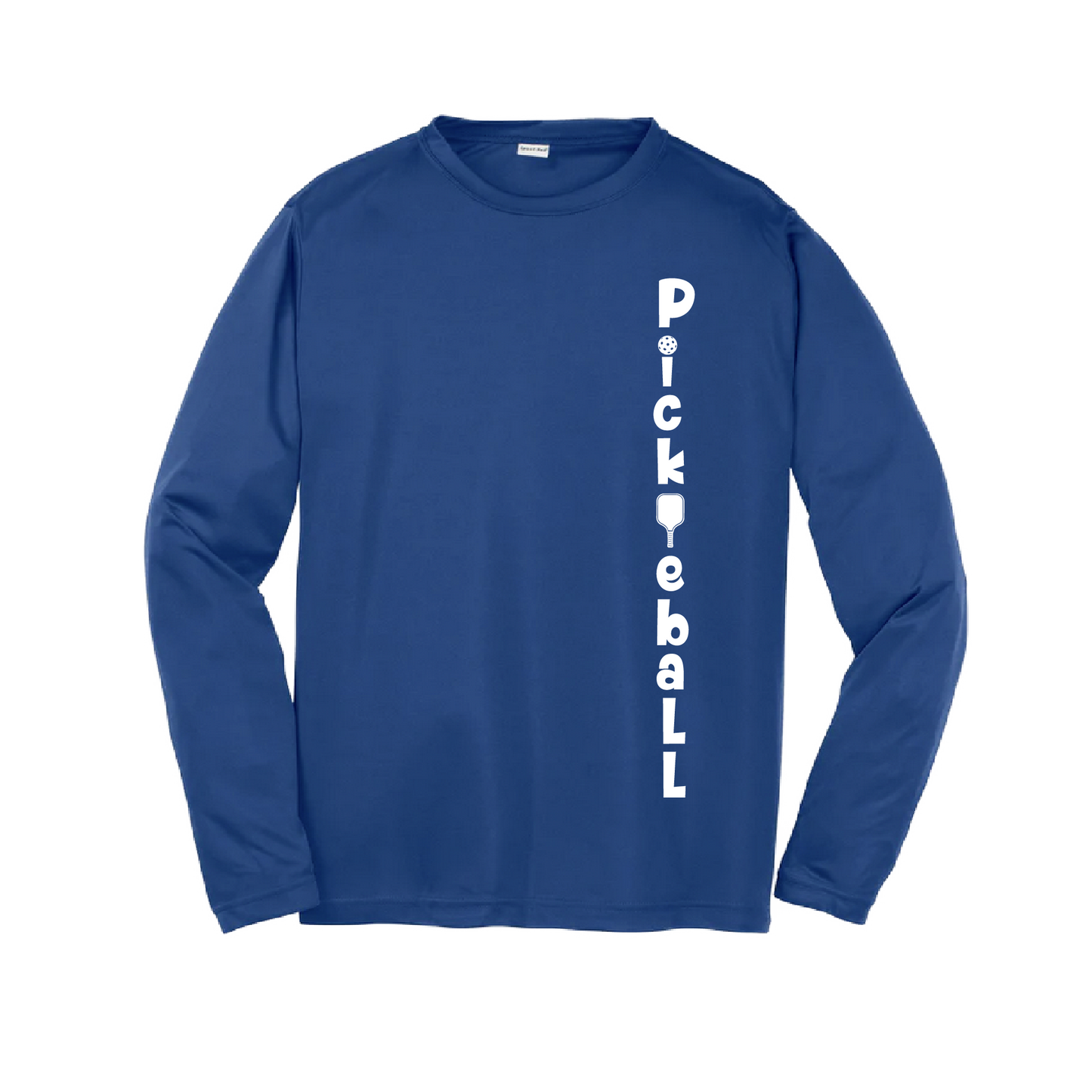 Pickleball Design: Pickleball Vertical - Customizable location  Youth Styles: Long Sleeve  Shirts are lightweight, roomy and highly breathable. These moisture-wicking shirts are designed for athletic performance. They feature PosiCharge technology to lock in color and prevent logos from fading. Removable tag and set-in sleeves for comfort.