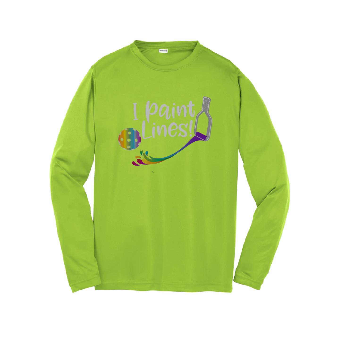 Pickleball Design: I Paint Lines  Youth Styles: Long Sleeve (LS)  Shirts are lightweight, roomy and highly breathable. These moisture-wicking shirts are designed for athletic performance. They feature PosiCharge technology to lock in color and prevent logos from fading. Removable tag and set-in sleeves for comfort.