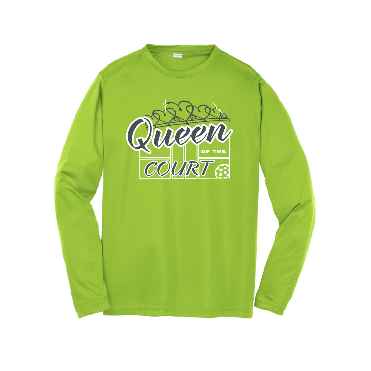 Pickleball Design: Queen of the Court  Youth Style: Long Sleeve  Shirts are lightweight, roomy and highly breathable. These moisture-wicking shirts are designed for athletic performance. They feature PosiCharge technology to lock in color and prevent logos from fading. Removable tag and set-in sleeves for comfort.